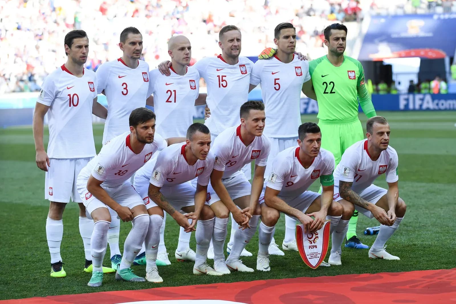 La formazione titolare della Polonia schierata prima di una partita ai Mondiali 2018