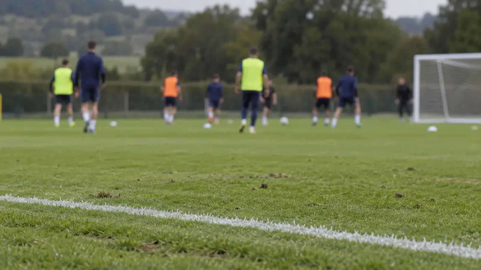 Foto generata con IA: Un campo di allenamento fotografato da bordo campo, con un piccolo gruppo di calciatori lontani e sfocati sullo sfondo. Luce naturale, abbigliamento sportivo senza nomi, numeri, scritte, loghi o sponsor.