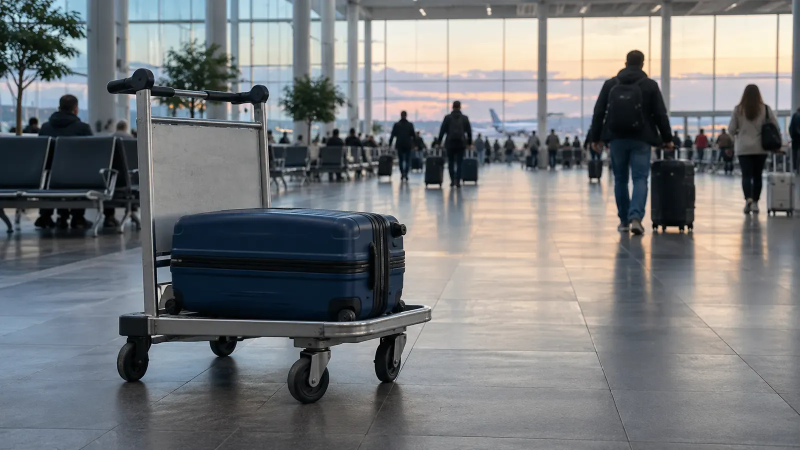 Foto generata con IA: Una valigia chiusa su un carrello portabagagli in un terminal aeroportuale, con passeggeri sfocati sullo sfondo. Inquadratura grandangolare e luce fredda dell’alba, senza scritte o marchi visibili.