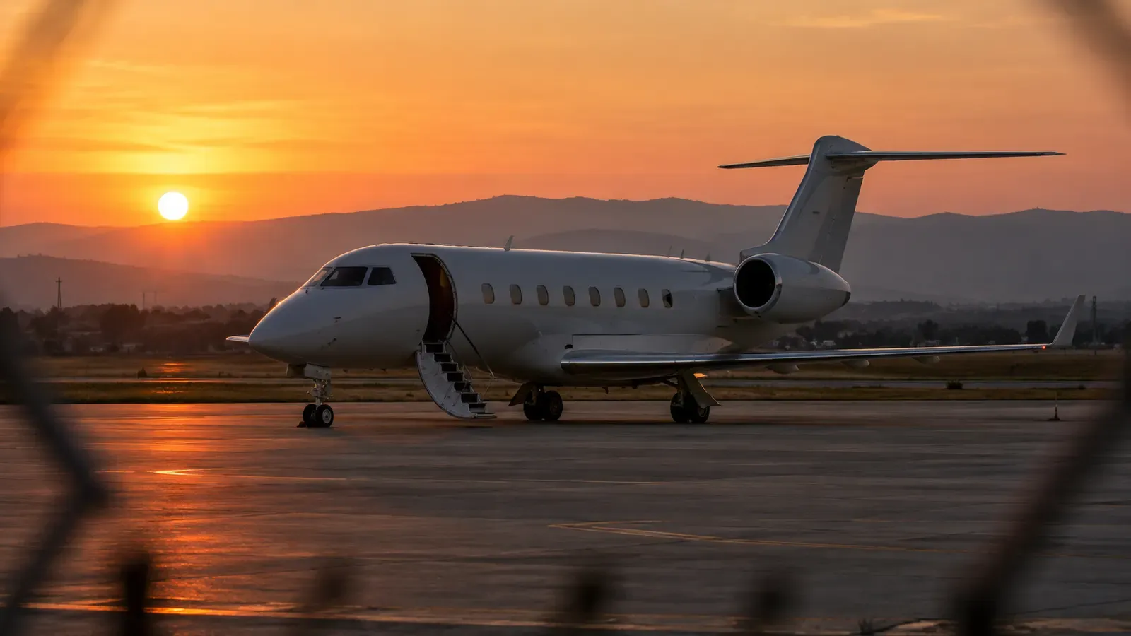 Foto generata con IA: Un jet privato fermo sulla pista di un piccolo aeroporto, con la scaletta abbassata e vuota. Ripresa con teleobiettivo da una recinzione al tramonto, senza persone, scritte o marchi visibili.