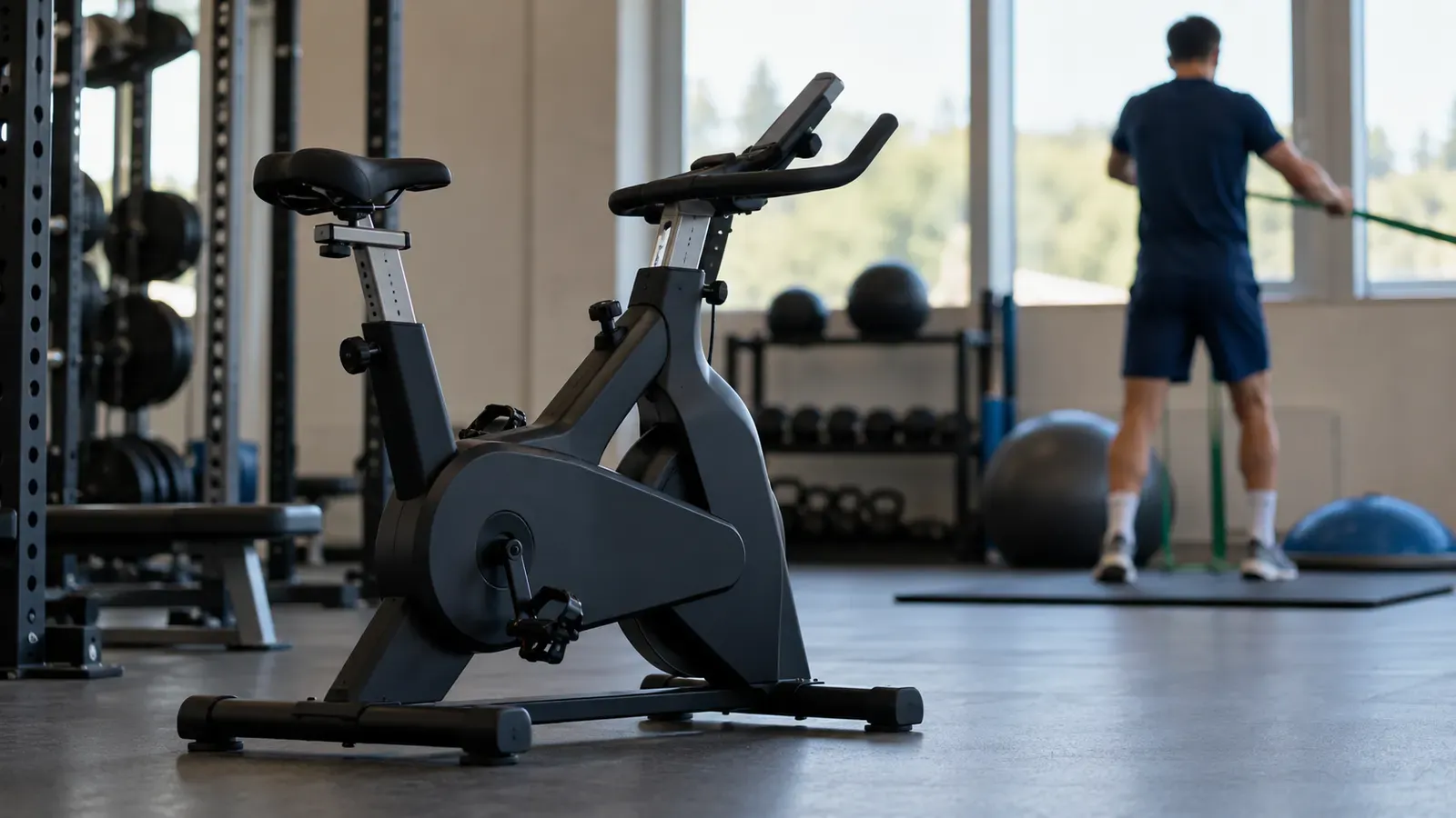 Foto generata con IA: Una sala di riabilitazione sportiva con una cyclette senza marchi in primo piano, ripresa lateralmente con luce naturale dalle finestre. Sullo sfondo un atleta indistinto e di spalle svolge un esercizio con un elastico, indossando abbigliamento senza scritte, numeri, loghi o stemmi.