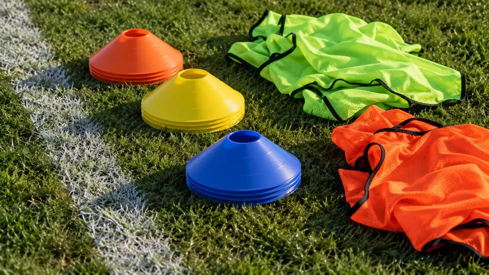 Foto generata con IA: Coni e casacche senza marchi preparati lungo il bordo di un piccolo campo da calcio vuoto. Inquadratura ravvicinata dall’alto, con luce del primo mattino e prato sullo sfondo, senza persone, scritte, loghi o stemmi visibili.
