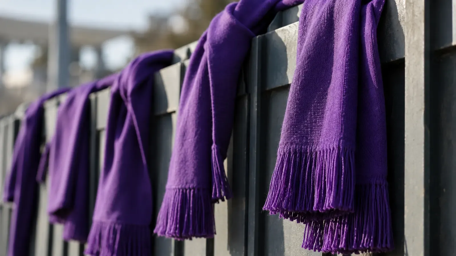 Foto generata con IA: Sciarpe viola a tinta unita appese a una recinzione all’esterno di un impianto sportivo, senza persone presenti. Inquadratura ravvicinata obliqua, con luce del mattino e sfondo sfocato, senza scritte, loghi, stemmi o elementi che identifichino uno stadio preciso.