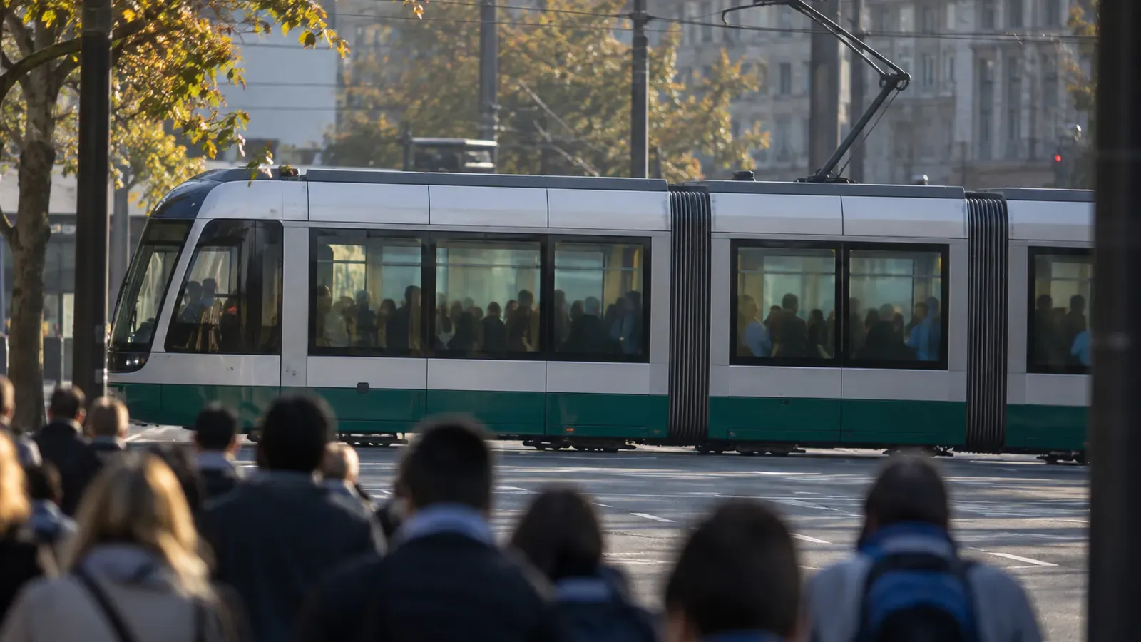 Foto generata con IA: Un tram affollato di tifosi indistinti, ripreso dall’esterno mentre attraversa una strada cittadina lungo il percorso verso un impianto sportivo. Inquadratura con lunga focale nella luce del pomeriggio, con persone sfocate dietro i vetri e nessuna scritta, numero, marchio, stemma o sponsor visibile.