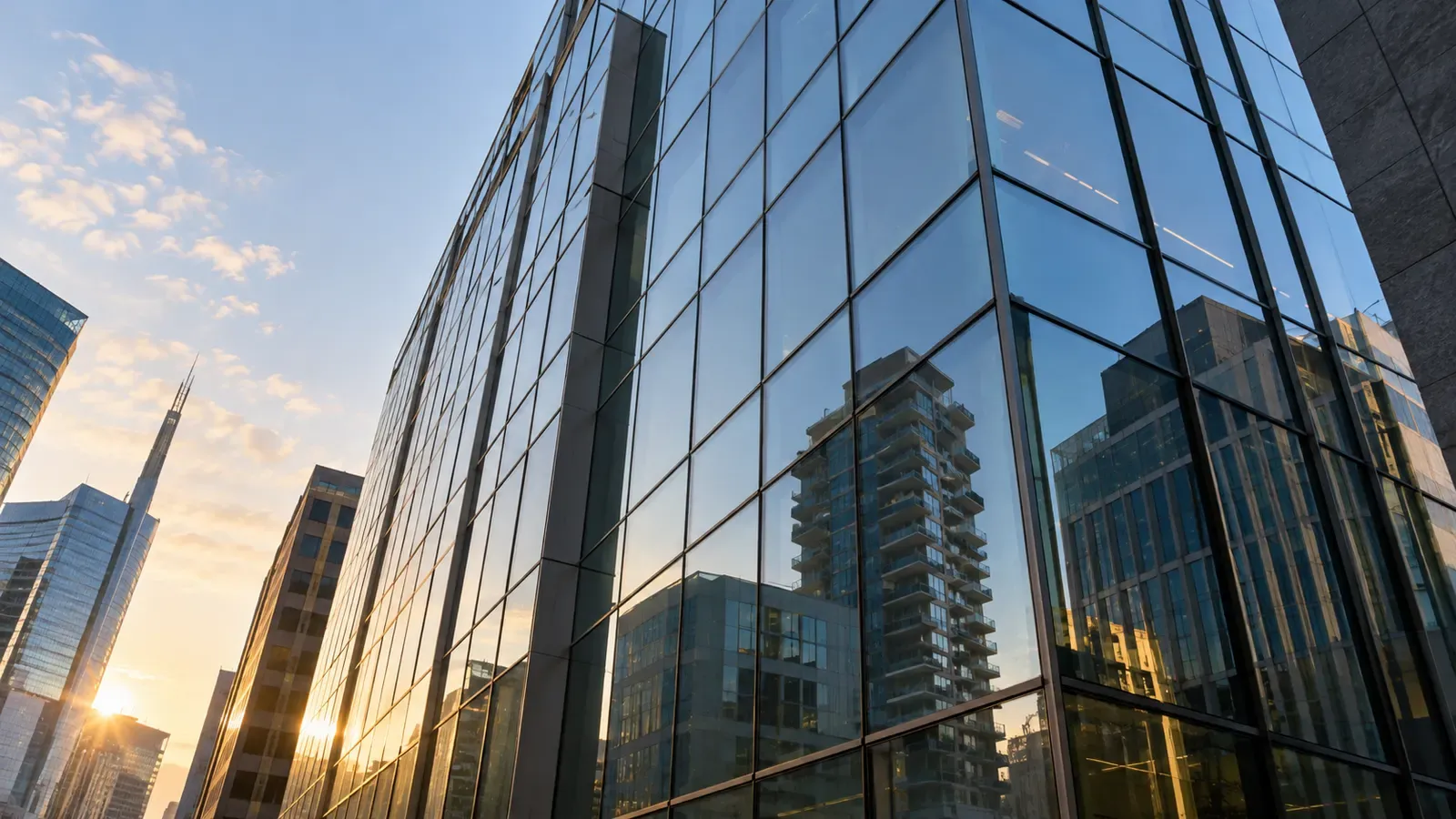 Foto generata con IA: La facciata di un edificio di uffici in vetro a Milano, fotografata dal marciapiede con un'inquadratura dal basso nella luce dell'alba. Riflessi delle costruzioni vicine sulle vetrate, senza persone, insegne, scritte o loghi visibili.
