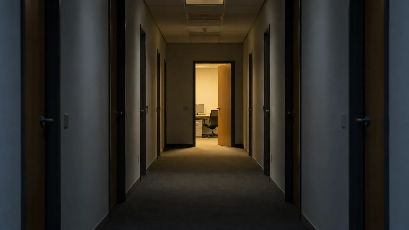 Foto generata con IA: Un corridoio di uffici con una porta socchiusa in fondo e la luce accesa nella stanza. Ripresa a prospettiva centrale nelle ore serali, senza persone, scritte, marchi, stemmi o sponsor visibili.
