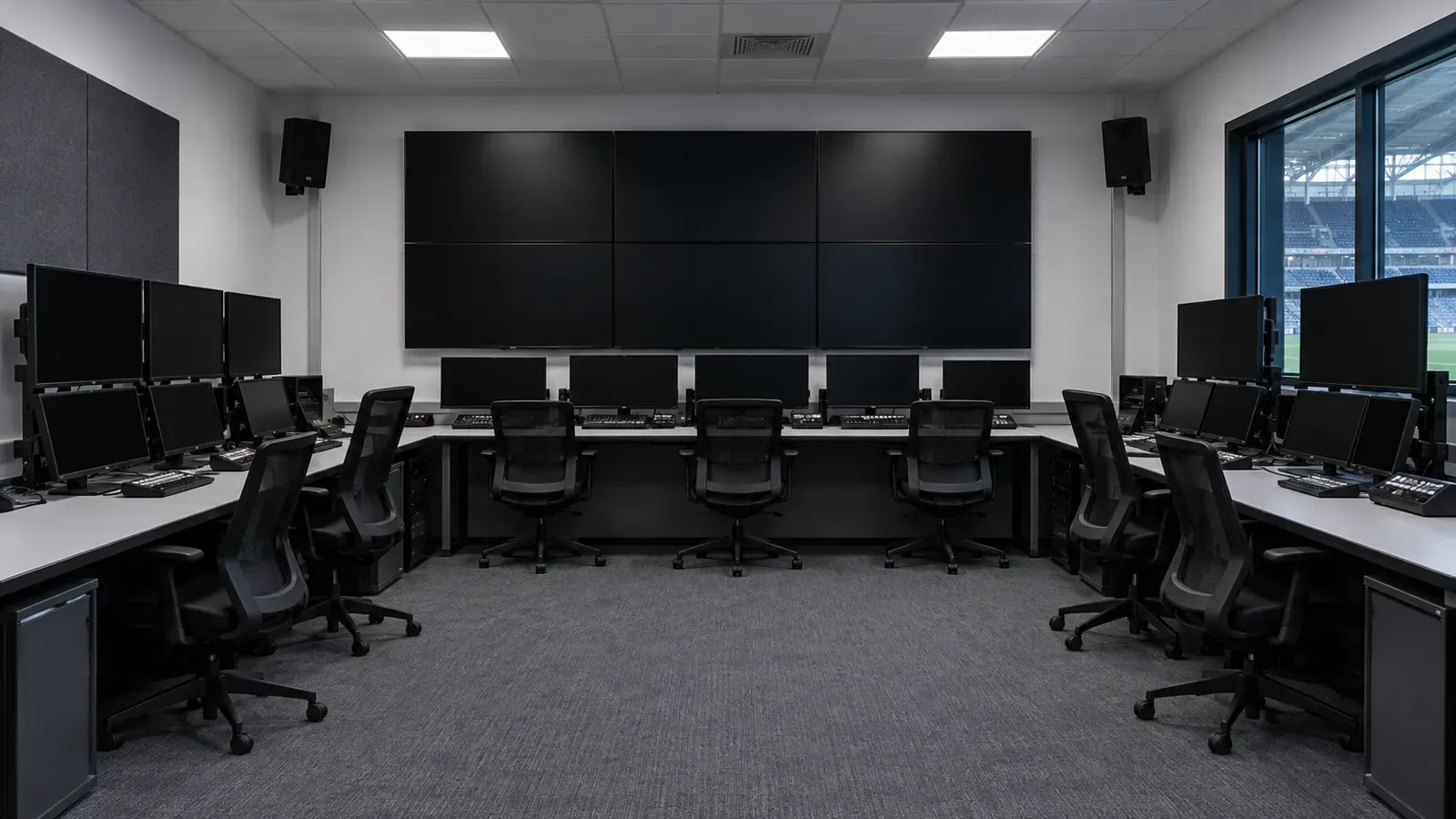 Foto generata con IA: Una sala di revisione video con monitor spenti e sedie vuote disposte davanti ai banchi operativi di un impianto calcistico. Ripresa grandangolare a prospettiva centrale nella luce fredda e uniforme dei neon. Nessuna persona, scritta, marchio, logo o sponsor è visibile nell'ambiente.