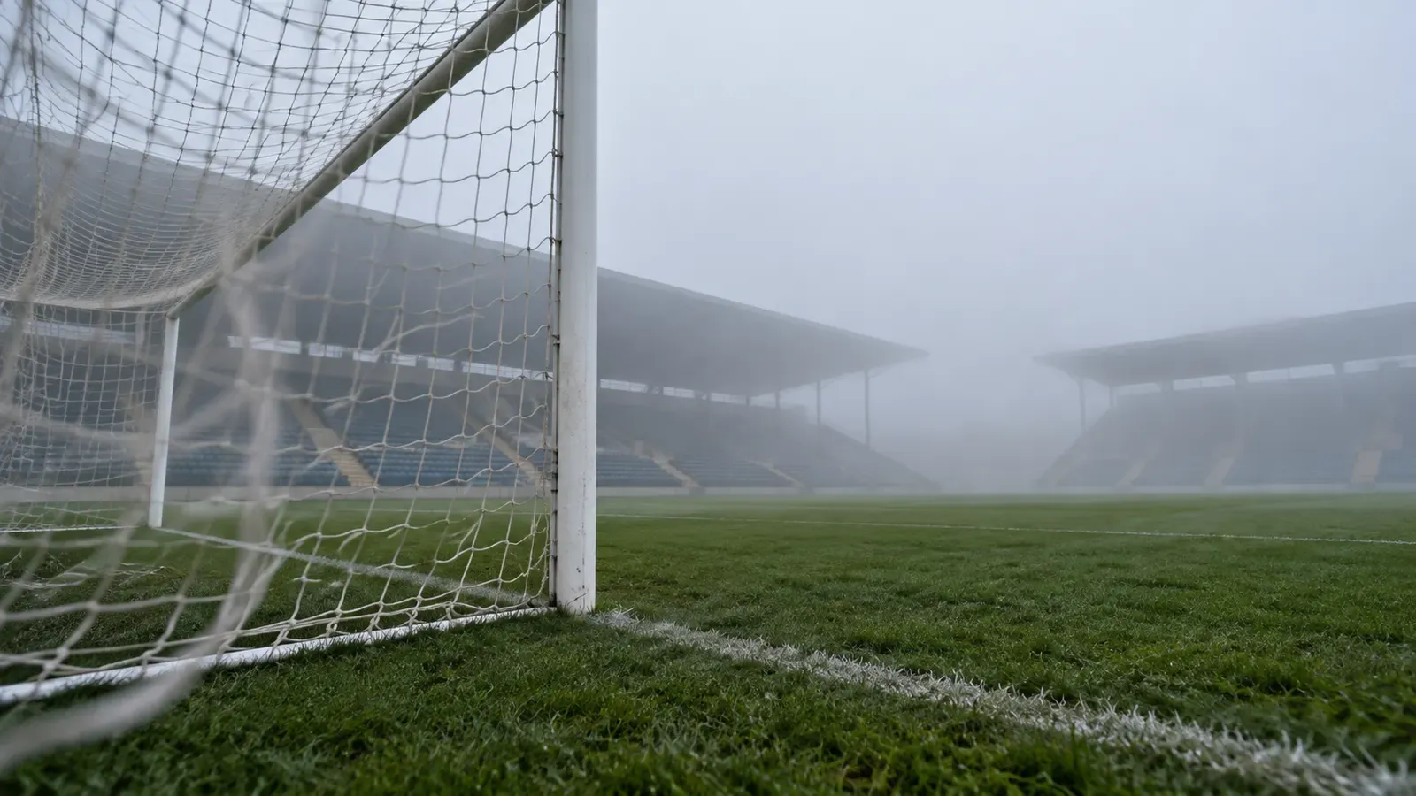 Foto generata con IA: La rete di una porta calcistica mossa dal vento sul campo di uno stadio vuoto prima dell'incontro. Ripresa grandangolare dal basso a ridosso dei pali nella nebbia del mattino, con le tribune deserte che sfumano sullo sfondo. Nessuna persona, scritta, numero, marchio, stemma o sponsor visibile nell'inquadratura.