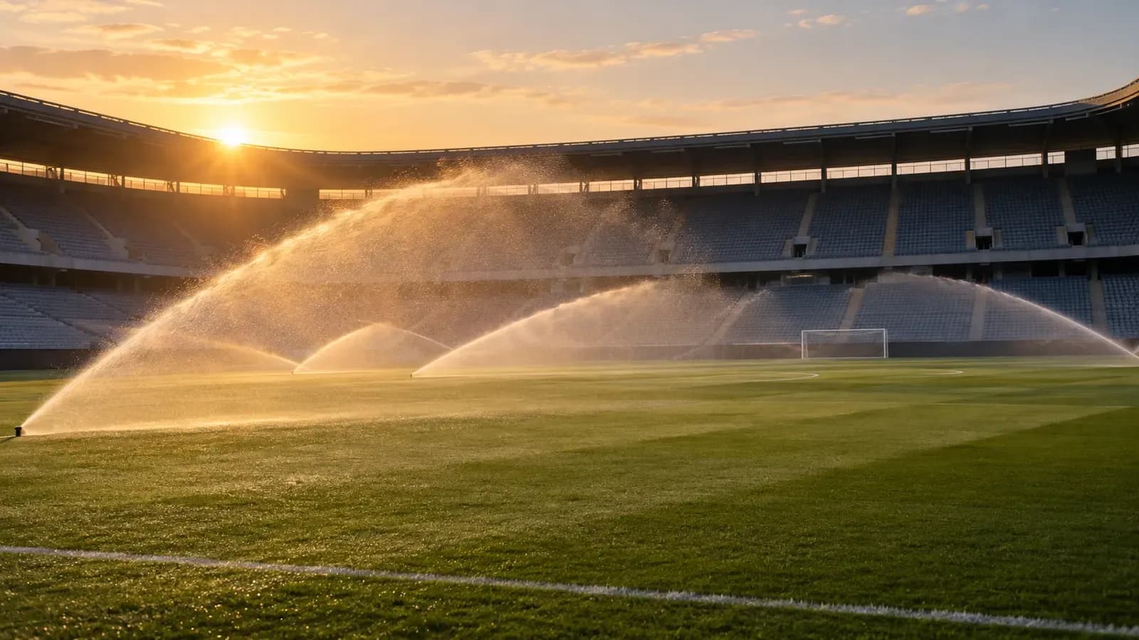 Foto generata con IA: Gli irrigatori in funzione bagnano il terreno di gioco ancora vuoto di un impianto calcistico generico. Ripresa in campo largo in controluce all'alba, con i getti d'acqua che creano archi luminosi sul prato e le tribune deserte sullo sfondo. Nessuna persona, scritta, numero, marchio, stemma o sponsor visibile nell'inquadratura.