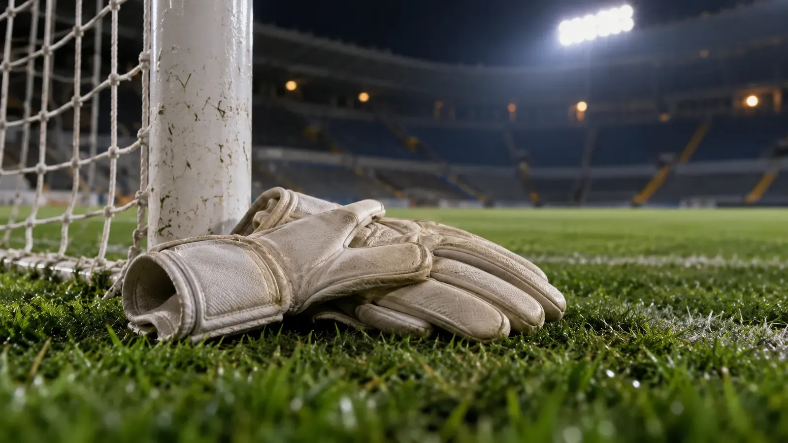Foto generata con IA: Un paio di guanti da portiere senza marchi appoggiati sull'erba tagliata accanto alla base di un palo. Sullo sfondo si intravedono la rete della porta e le gradinate sfocate dello stadio ormai vuoto a fine gara. Inquadratura macro a filo del prato, illuminata dalla luce radente dei riflettori serali.
