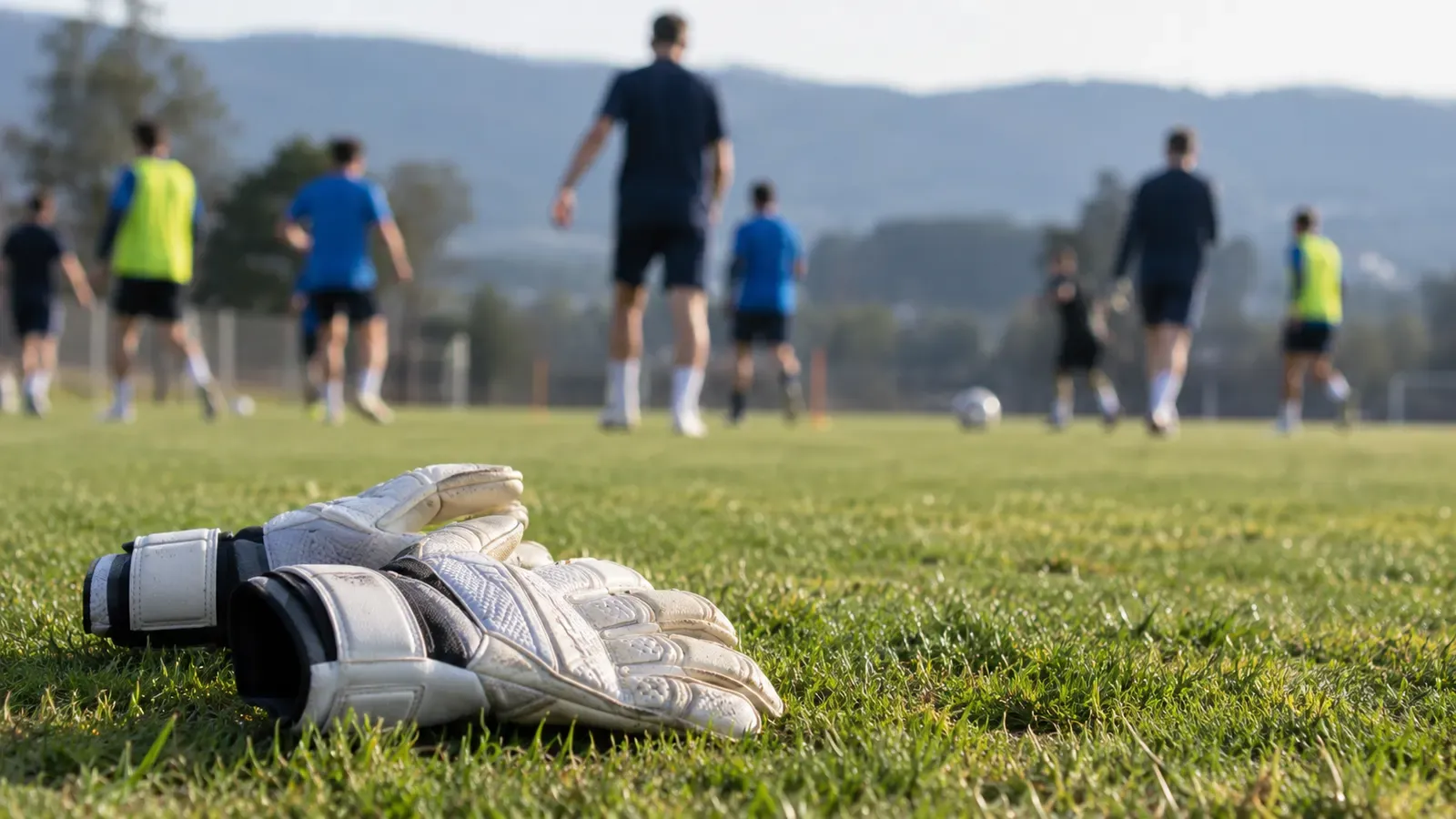 Foto generata con IA: Un campo di allenamento ripreso da bordo terreno, con un paio di guanti da portiere appoggiati sull’erba in primo piano. Sullo sfondo alcuni giocatori lontani e sfocati, con abbigliamento privo di scritte, numeri, loghi e sponsor, si allenano alla luce naturale.