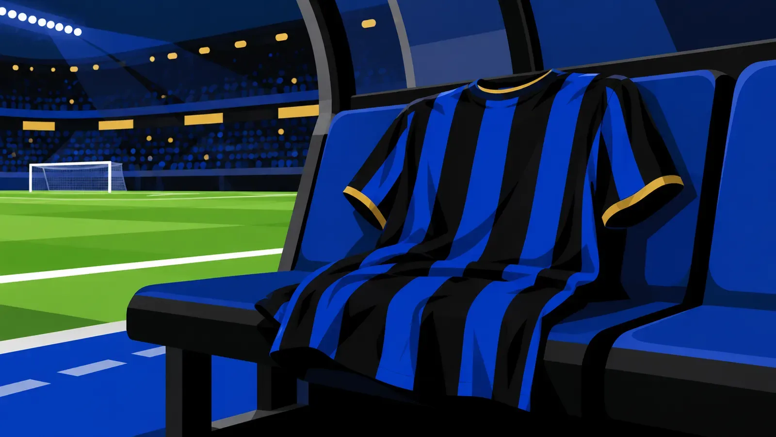 Una maglia nerazzurra senza nome appoggiata su una panchina a bordo campo