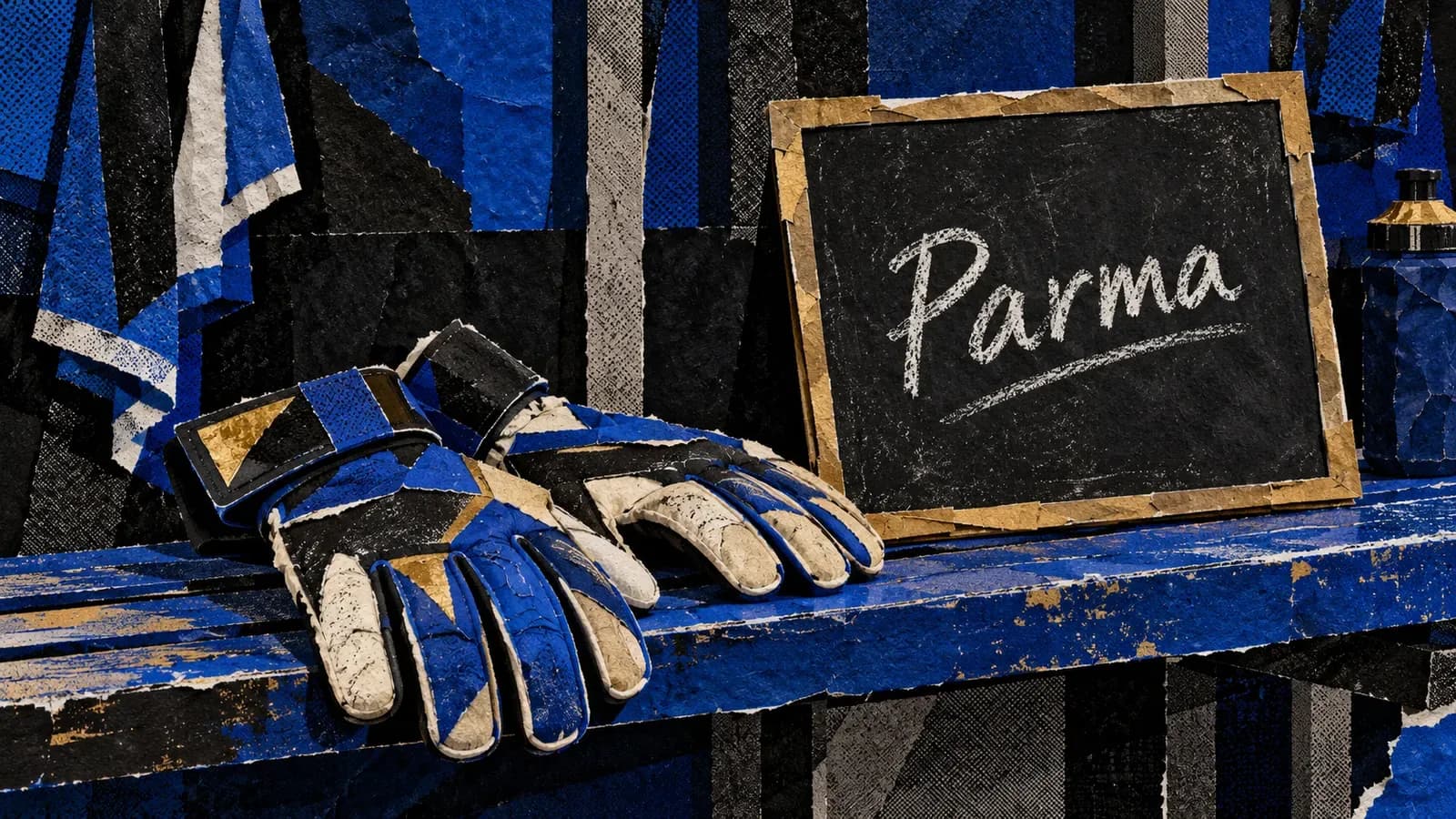 Un paio di guanti da portiere appoggiati su una panchina, accanto a una lavagna con la scritta Parma.