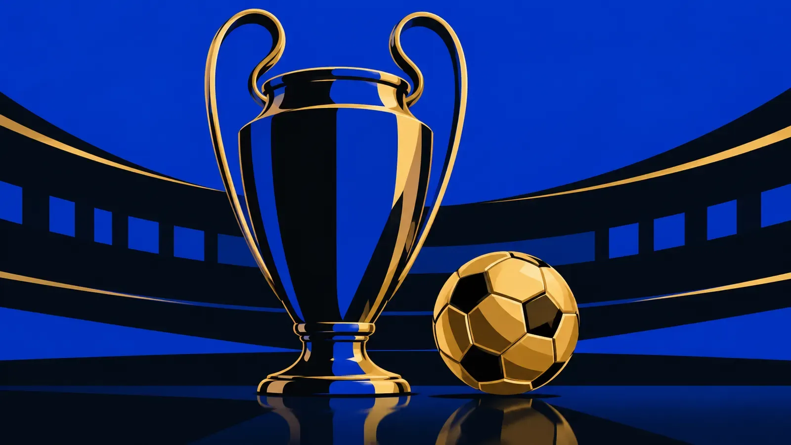 Grande coppa europea accanto a un piccolo pallone dorato