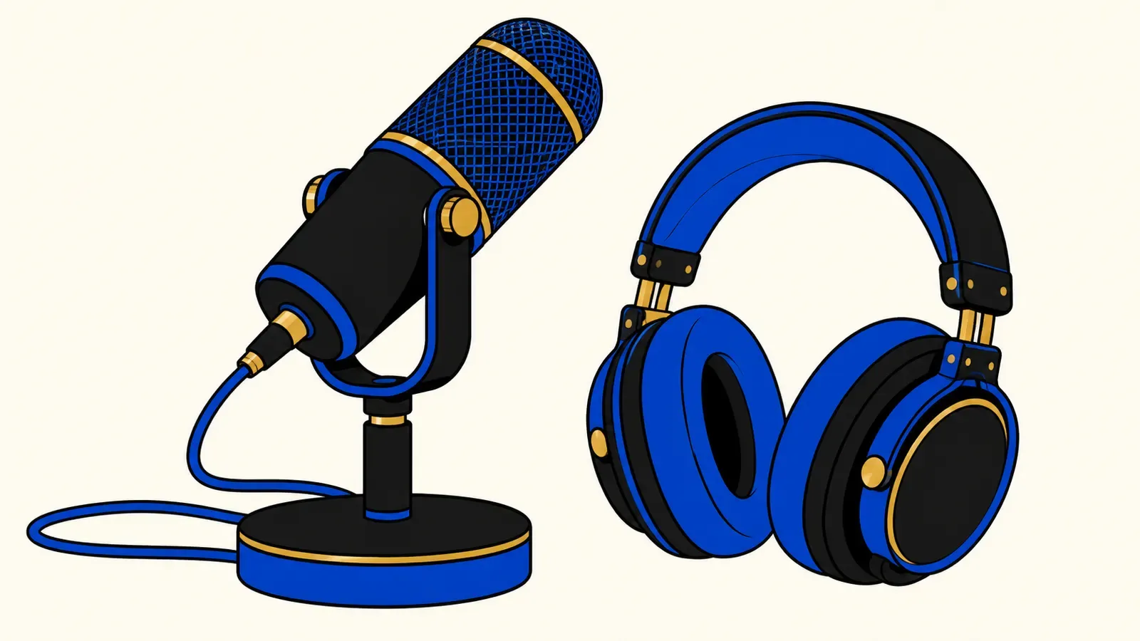 Un microfono da podcast e un paio di cuffie da studio.