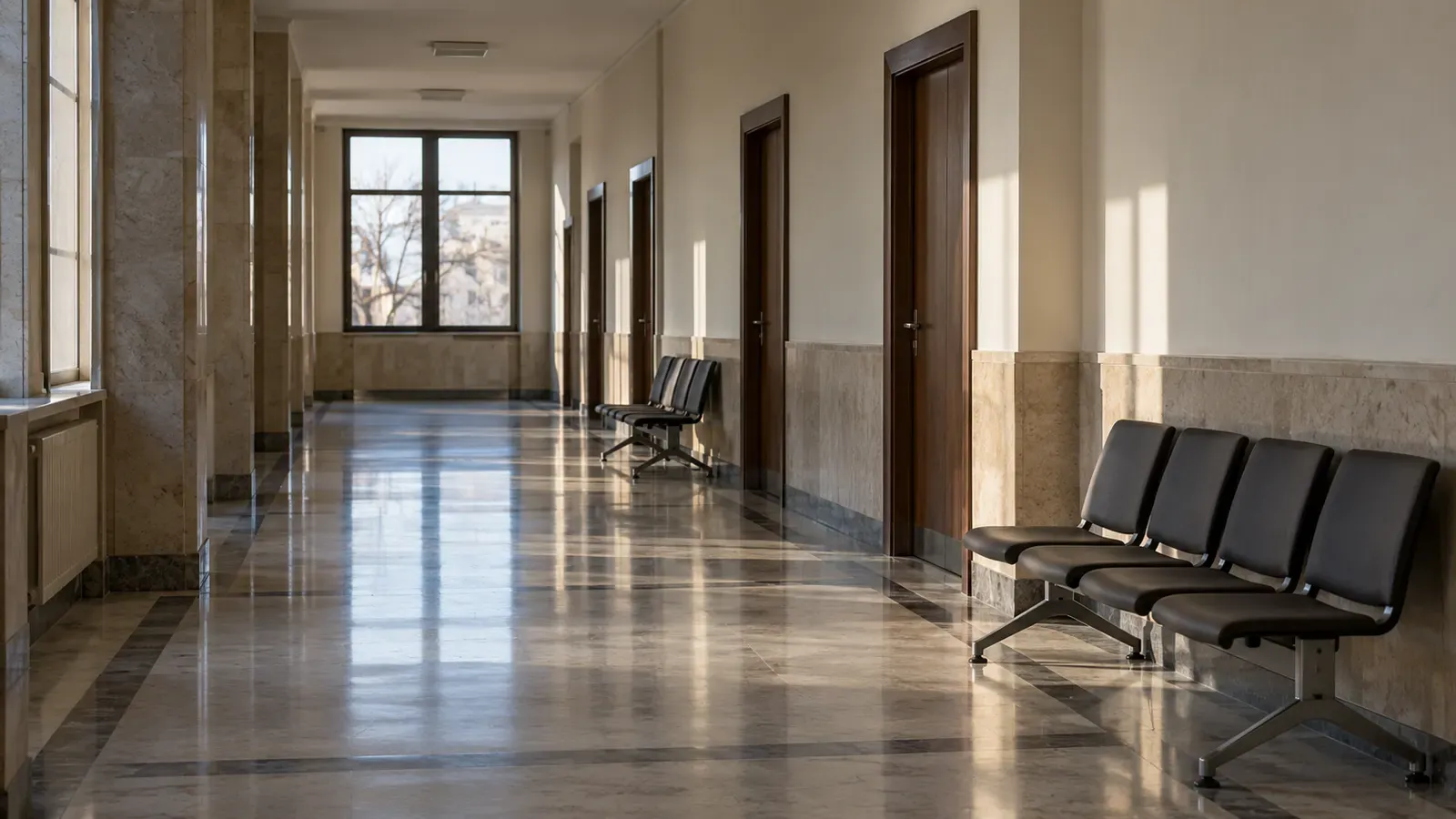 Foto generata con IA: Un corridoio vuoto di un edificio giudiziario, fotografato con luce naturale, con porte chiuse e una fila di sedute lungo la parete. Inquadratura sobria da cronaca, senza persone, scritte, targhe o simboli riconoscibili.