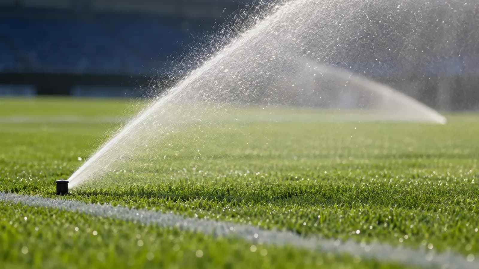 Foto generata con IA: Irrigatori in funzione su un campo da calcio vuoto, fotografati a bordo campo con un’inquadratura bassa e ravvicinata sul prato. Luce del mattino sulle gocce d’acqua, sfondo sfocato senza persone, scritte, loghi o elementi che identifichino un impianto preciso.