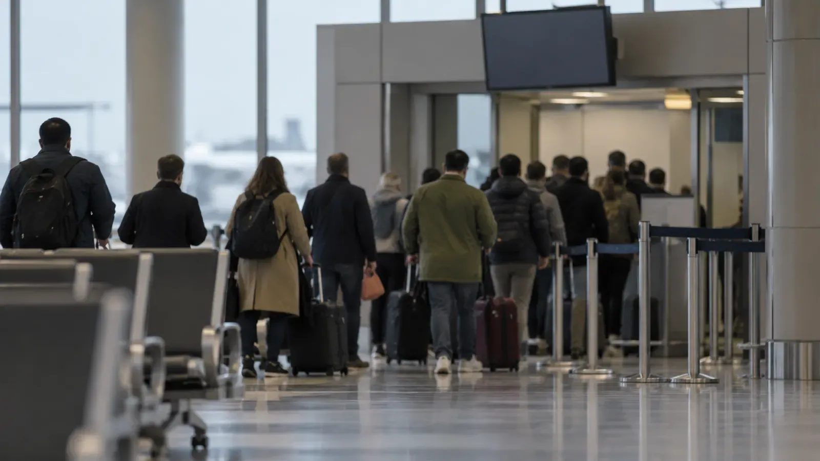 Foto generata con IA: Sagome lontane e sfocate, viste di spalle, in coda a un gate di imbarco aeroportuale. Ripresa con teleobiettivo sotto la luce dei neon, senza scritte leggibili, marchi o loghi visibili.