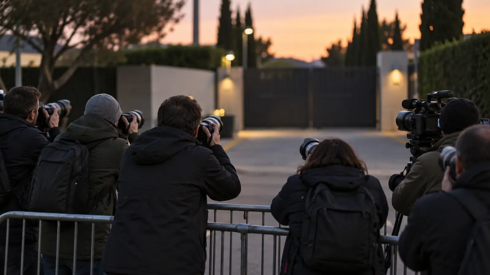 Foto generata con IA: Fotografi di spalle dietro una transenna all’uscita di un centro sportivo, con le macchine fotografiche sollevate e il cancello sfocato sullo sfondo. Ripresa laterale a media distanza nella luce della sera, senza persone riconoscibili, scritte, marchi o stemmi.