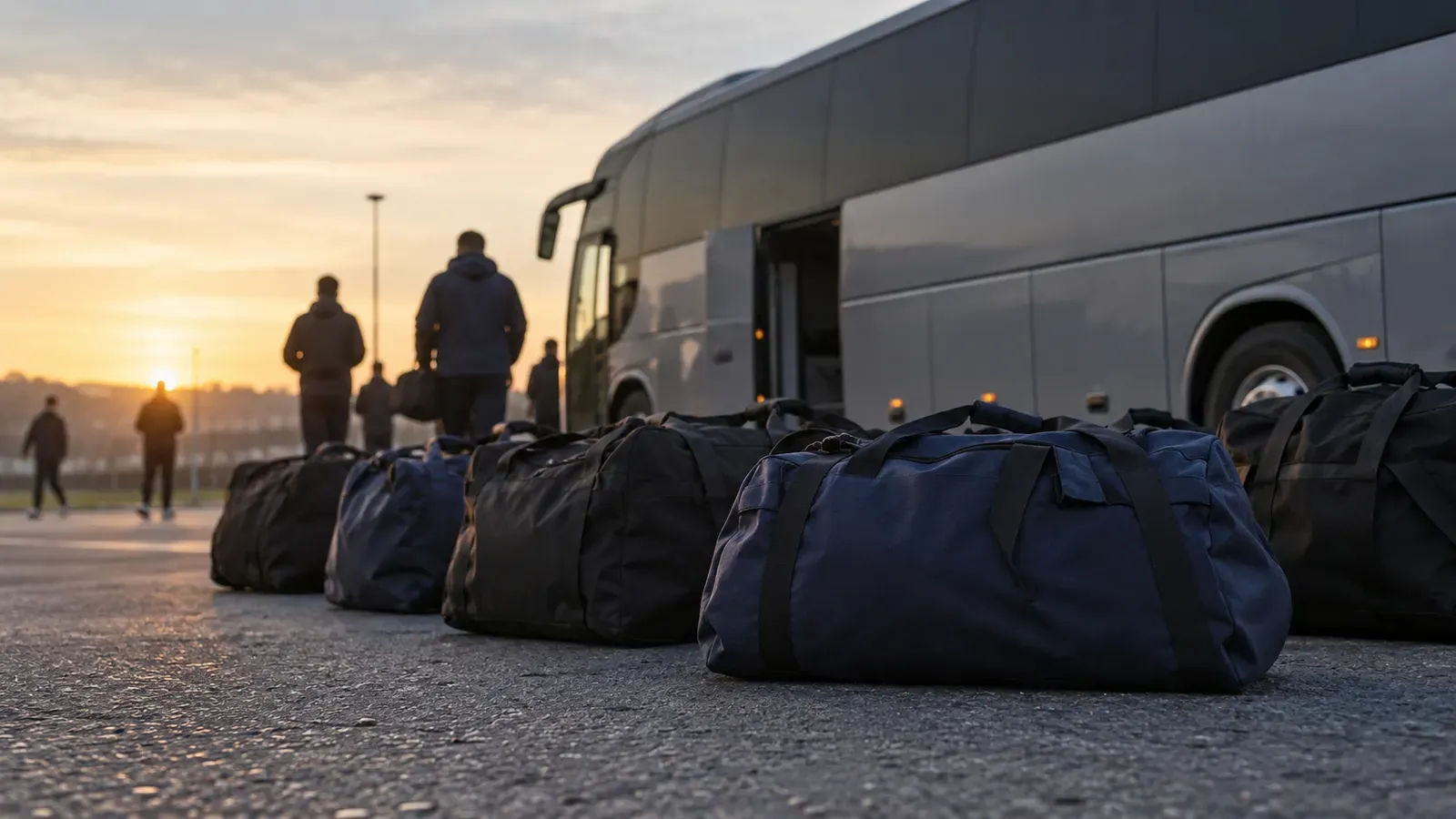 Foto generata con IA: Borsoni anonimi allineati sul piazzale davanti a un pullman senza scritte, con alcune figure lontane e di spalle sullo sfondo. Ripresa bassa nella luce dell’alba, senza nomi, numeri, loghi, stemmi o sponsor visibili.
