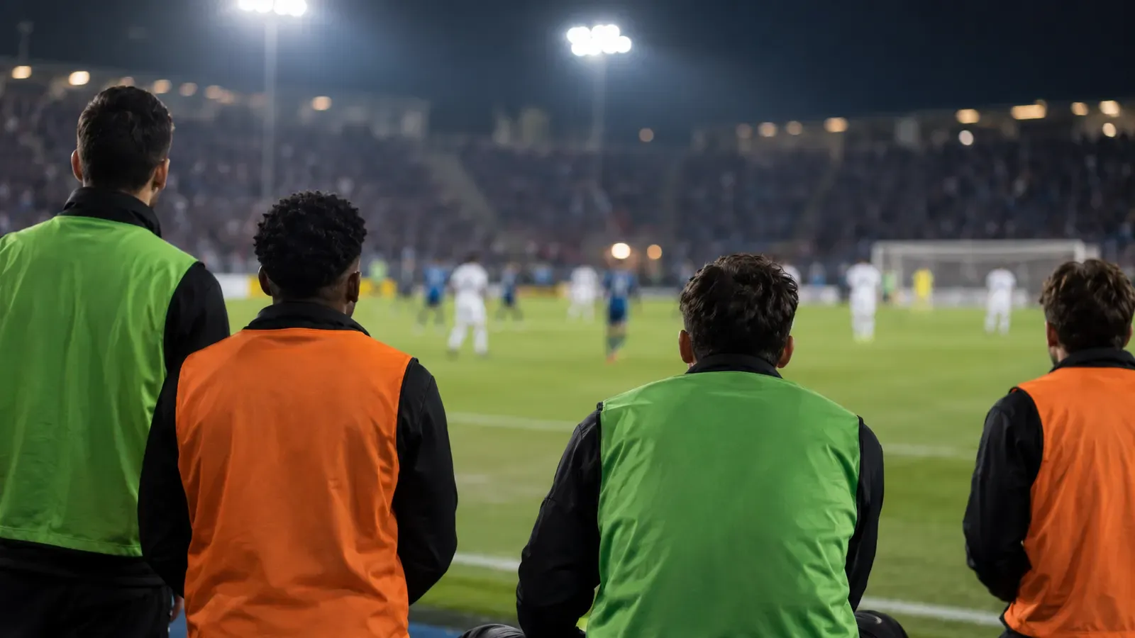 Foto generata con IA: Alcune riserve indistinte viste di spalle seguono una partita dal bordo del campo, indossando casacche a tinta unita. Ripresa stretta con teleobiettivo ad altezza del terreno, sotto i riflettori, senza volti riconoscibili, scritte, numeri, loghi o stemmi.