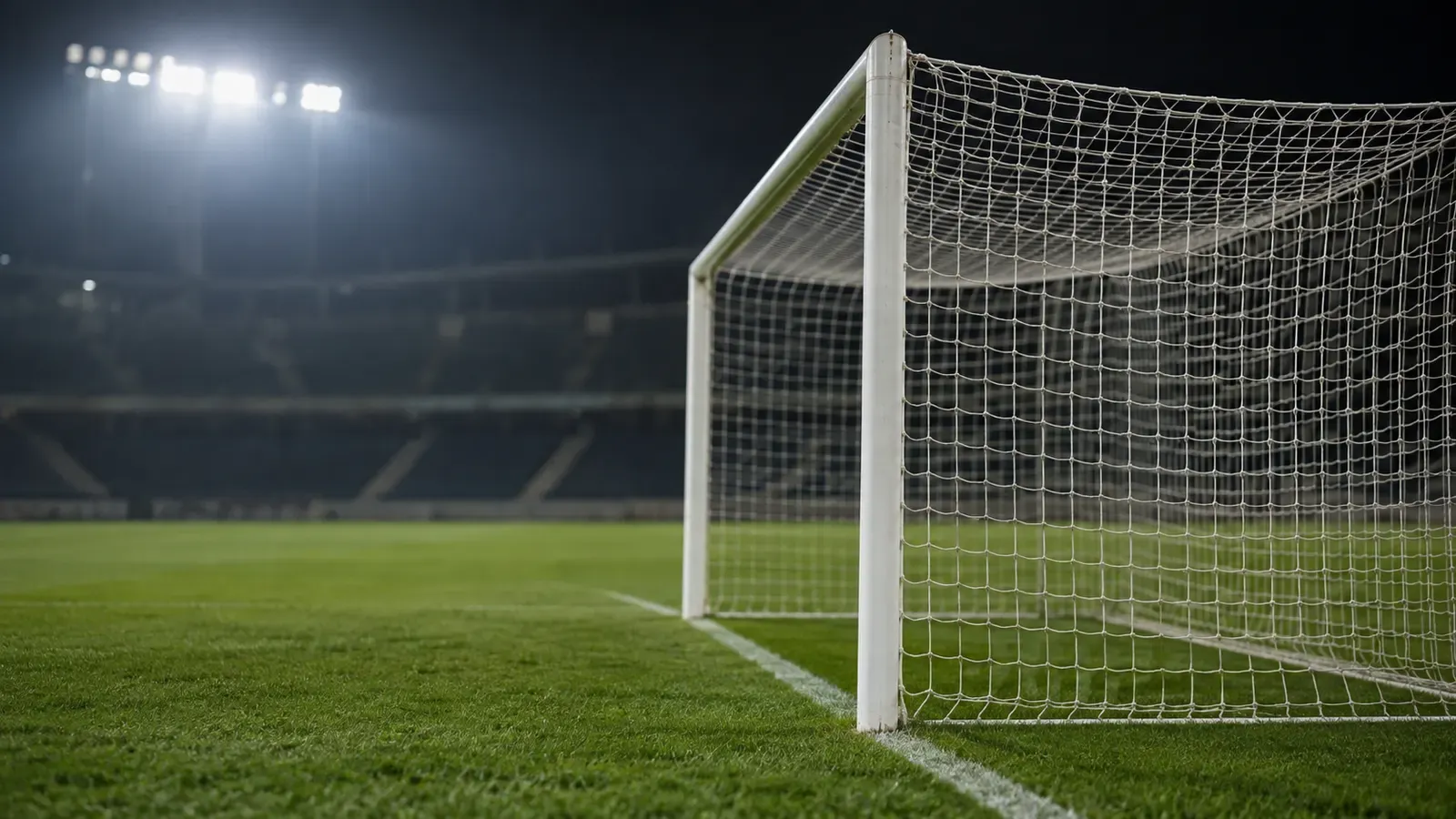 Foto generata con IA: Una porta vuota vista lateralmente dal bordo di un campo di calcio, con la rete a fuoco e le tribune indistinte sullo sfondo. Ripresa con teleobiettivo sotto i riflettori, senza persone, scritte, marchi, stemmi o elementi che identifichino un impianto preciso.