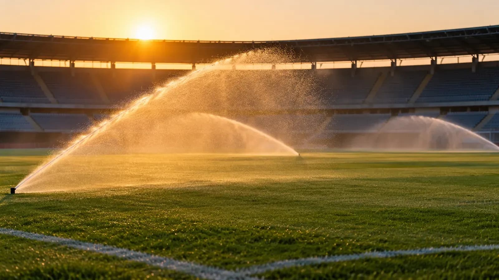 Foto generata con IA: Irrigatori in funzione sul prato di un impianto calcistico vuoto, con le tribune sfocate sullo sfondo. Ripresa ampia dal bordo del campo in controluce all'alba, senza persone, scritte, loghi, stemmi o sponsor visibili.