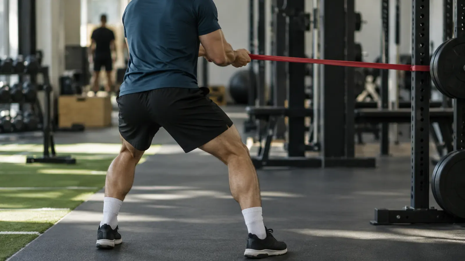 Foto generata con IA: Un atleta visto di spalle esegue un esercizio con un elastico in una palestra di un centro sportivo, con il volto fuori inquadratura. Ripresa laterale con teleobiettivo nella luce di una finestra, senza scritte, numeri, marchi, stemmi o sponsor visibili.