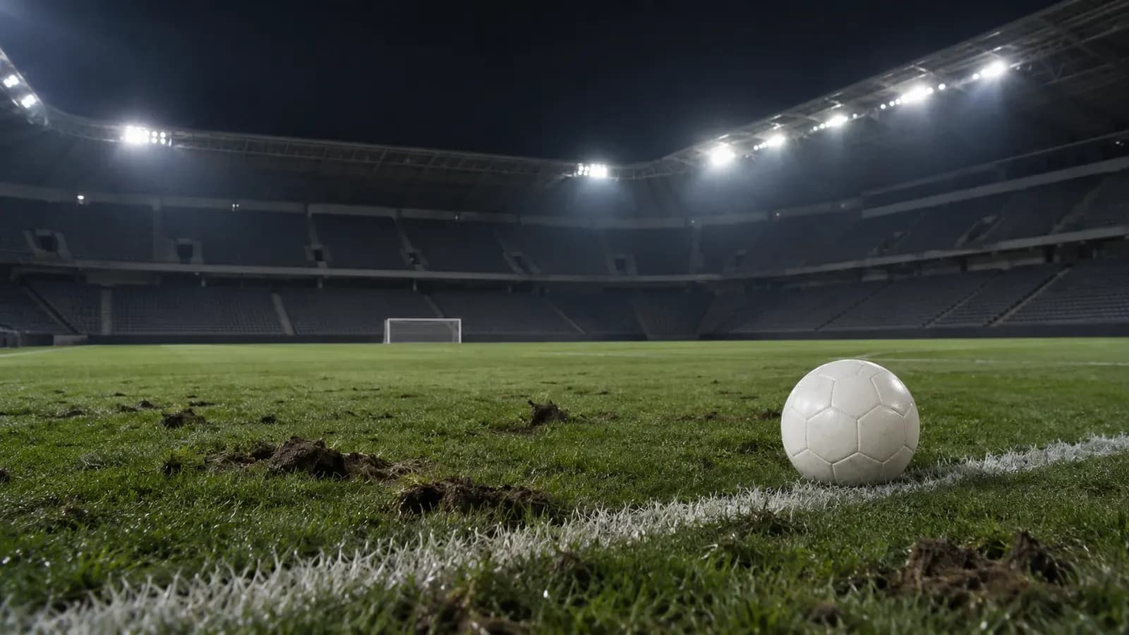 Foto generata con IA: Il prato di uno stadio al termine di una partita, con zolle d'erba sollevate e un pallone senza marchi fermo vicino alla linea laterale. Ripresa grandangolare dal basso nella notte, illuminata dai riflettori ancora accesi che proiettano ombre lunghe verso gli spalti vuoti. Nessuna persona, scritta, logo, stemma o sponsor visibile nell'inquadratura.