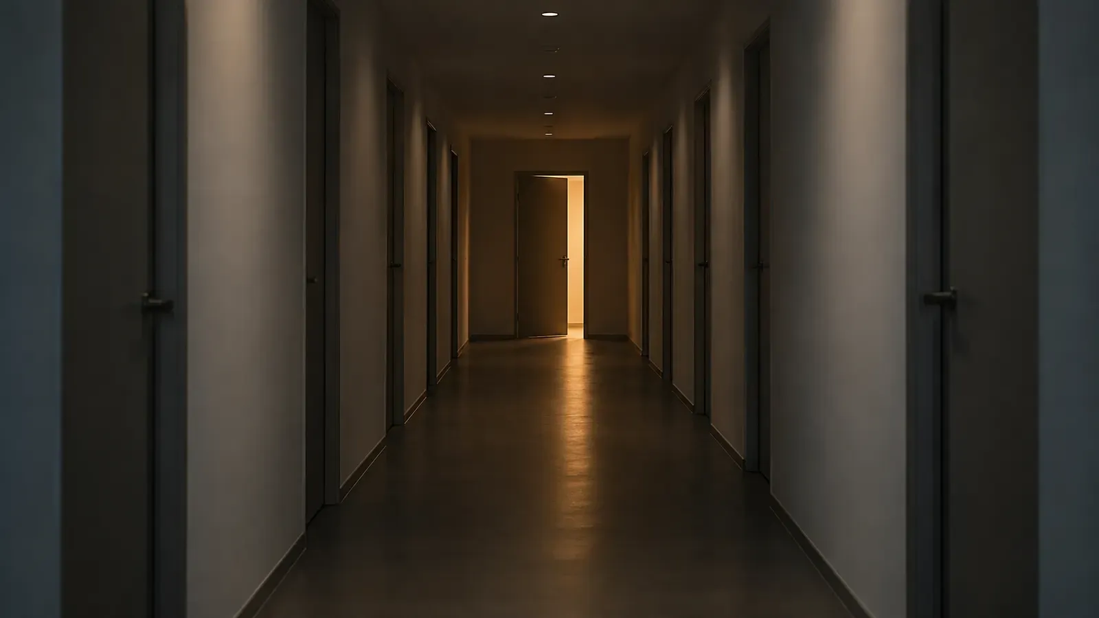 Foto generata con IA: Un lungo corridoio di uffici direzionali visto da lontano, con una porta socchiusa in fondo da cui filtra una luce calda sul pavimento. Ripresa a prospettiva centrale nella penombra della sera, con porte chiuse ai lati e atmosfera sospesa. Nessuna persona, scritta, targa, logo, stemma o sponsor visibile nell'ambiente.