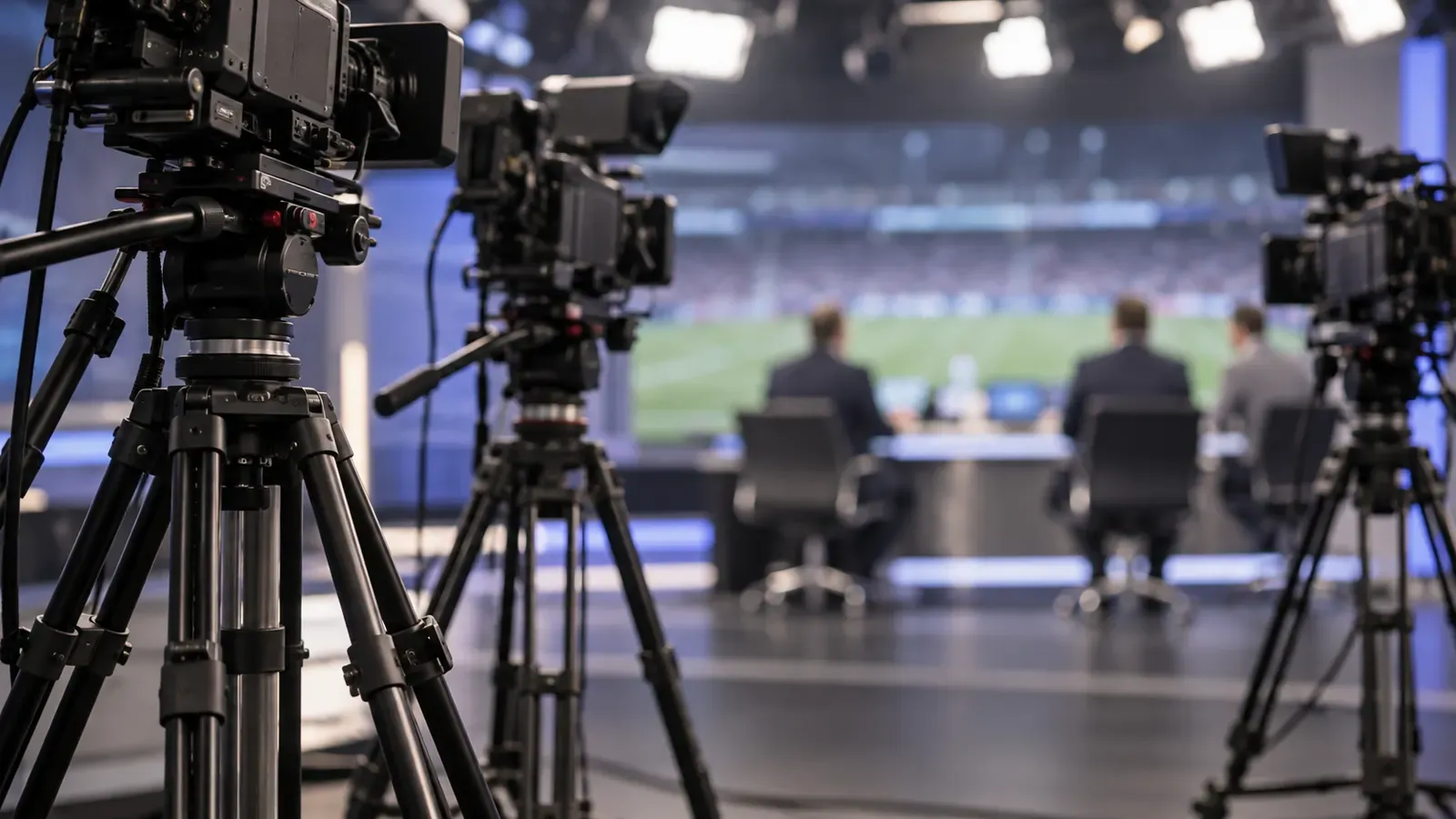 Foto generata con IA: Alcuni treppiedi con telecamere anonime senza marchi sono allineati ai bordi di uno studio televisivo, con operatori di ripresa sfocati e di spalle sullo sfondo. Inquadratura ad altezza d'uomo con messa a fuoco nitida sui dettagli metallici dei treppiedi in primo piano, illuminati dalla luce artificiale diffusa dei riflettori da studio. Nessuna persona riconoscibile, scritta, logo di emittente, stemma o sponsor presente nell'inquadratura.