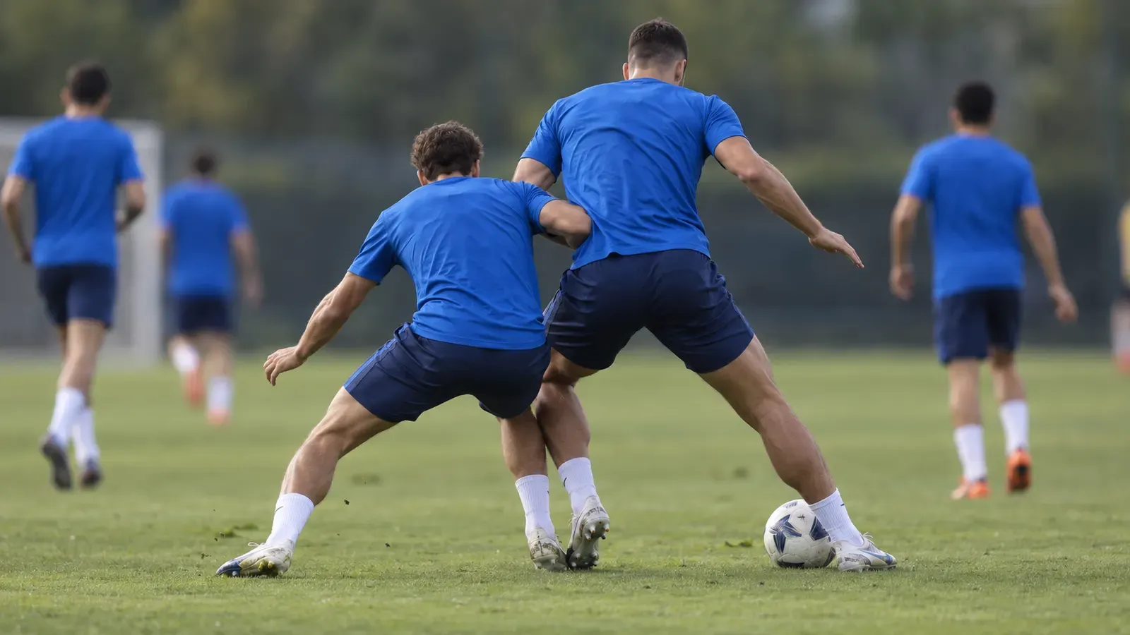 Foto da bordo campo di un allenamento della Nazionale: inquadratura con teleobiettivo da lontano, un attaccante alto e robusto visto di spalle protegge il pallone con il corpo mentre un compagno prova a contrastarlo. Altri giocatori sfocati sullo sfondo. Maglie azzurre semplici senza numeri, nomi, loghi o stemmi; nessun volto riconoscibile. Erba naturale, luce diurna, gesto colto in movimento e taglio spontaneo da cronaca sportiva, senza elementi che identifichino un impianto preciso.
