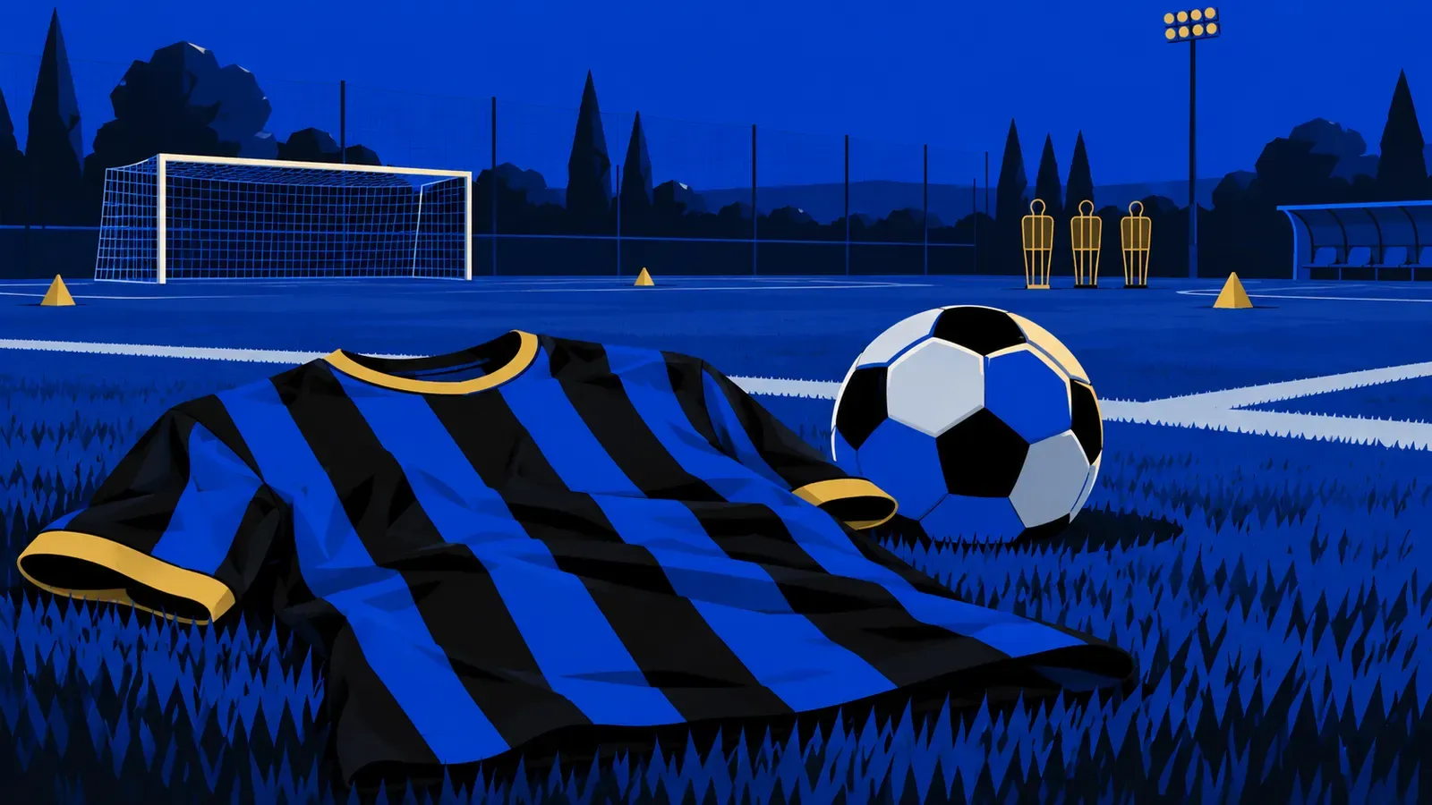 Un pallone su un campo di allenamento con una maglia nerazzurra senza nome in primo piano