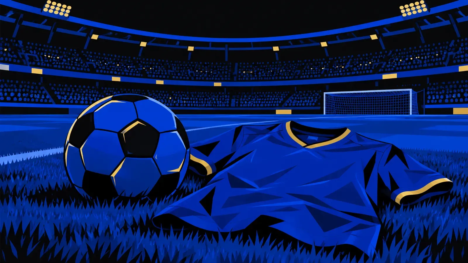 Un pallone sul prato di uno stadio, accanto a una maglia della Serbia senza nome.