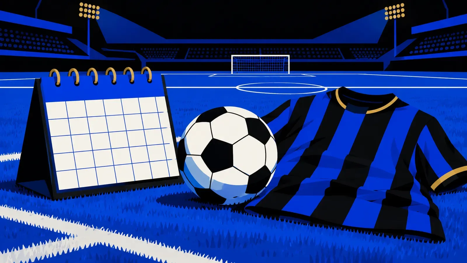 Un calendario accanto a un pallone e a una maglia nerazzurra senza nome, su un campo da calcio