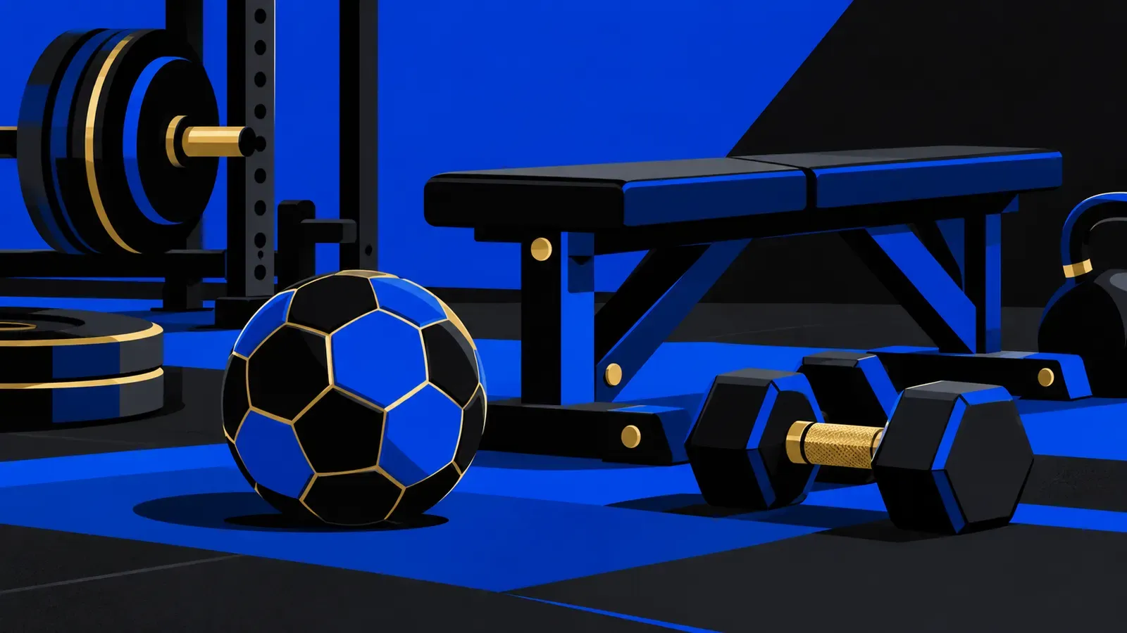 Un pallone accanto a una panca e ad attrezzi da palestra