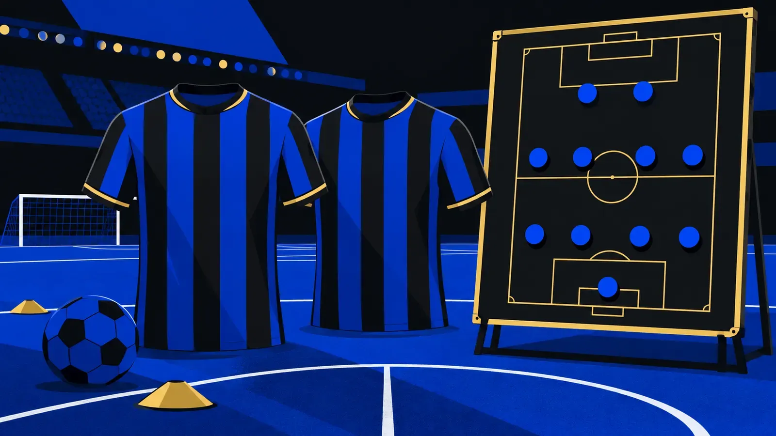 Due maglie da calcio senza nomi su un campo, accanto a una lavagna con il modulo 4-4-2