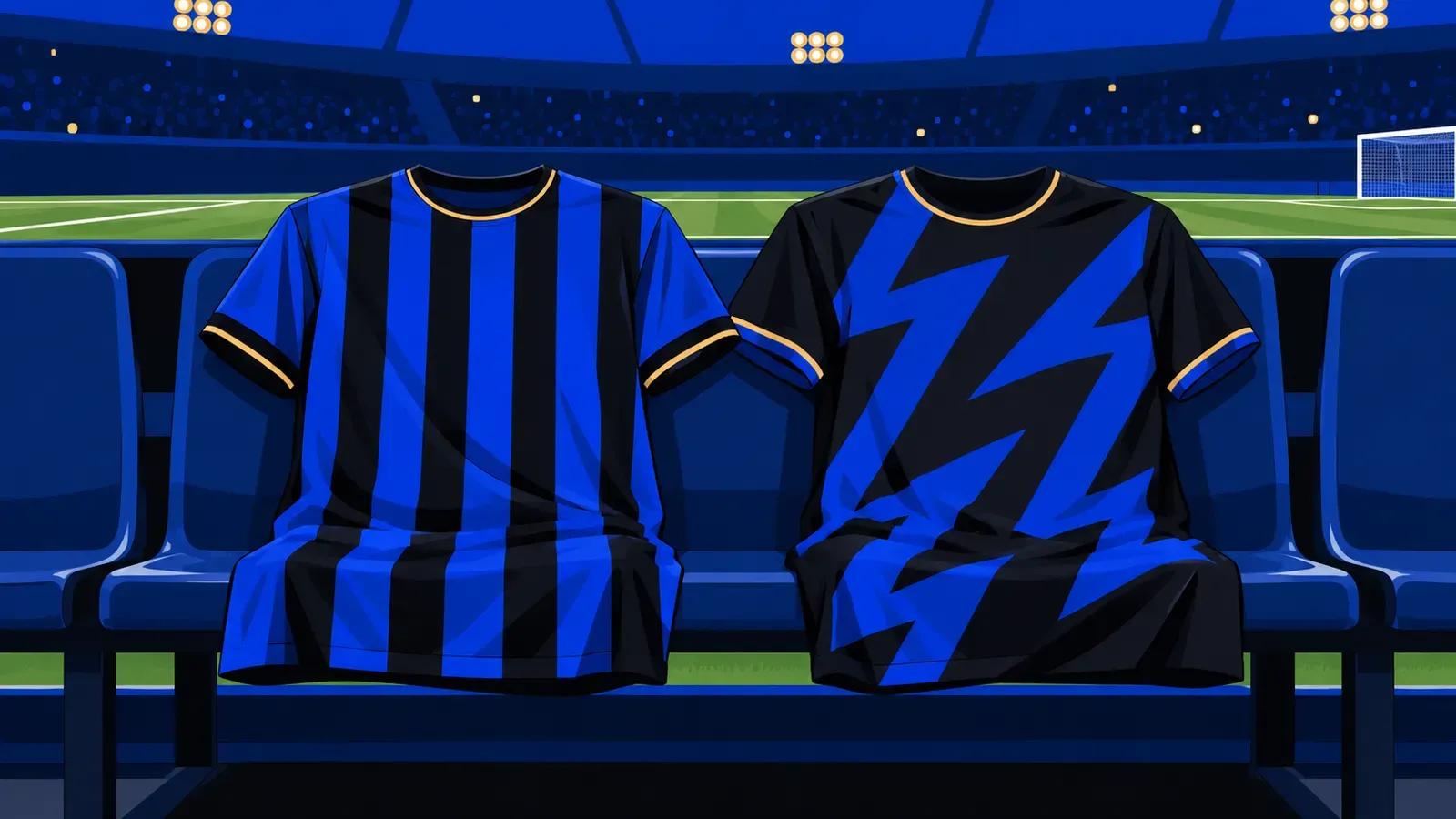 Due maglie senza nomi affiancate su una panchina a bordo campo