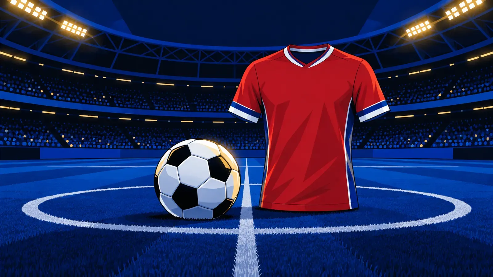 Un pallone al centro del campo di uno stadio, con una maglia nei colori della Serbia senza nome