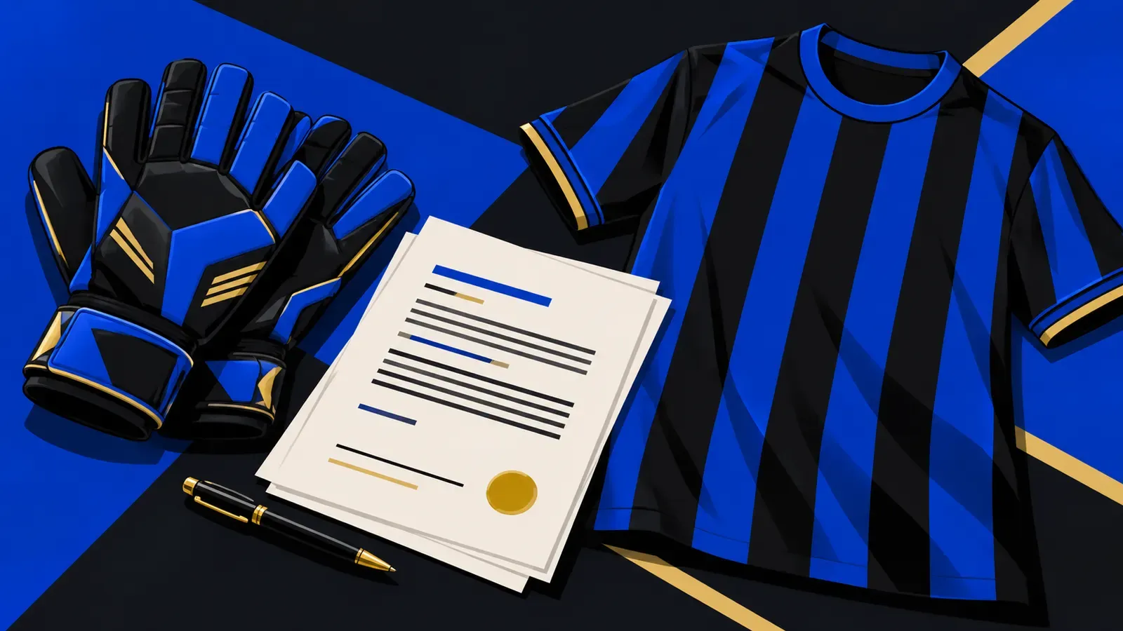 Guanti da portiere accanto a un contratto e a una maglia nerazzurra senza nome