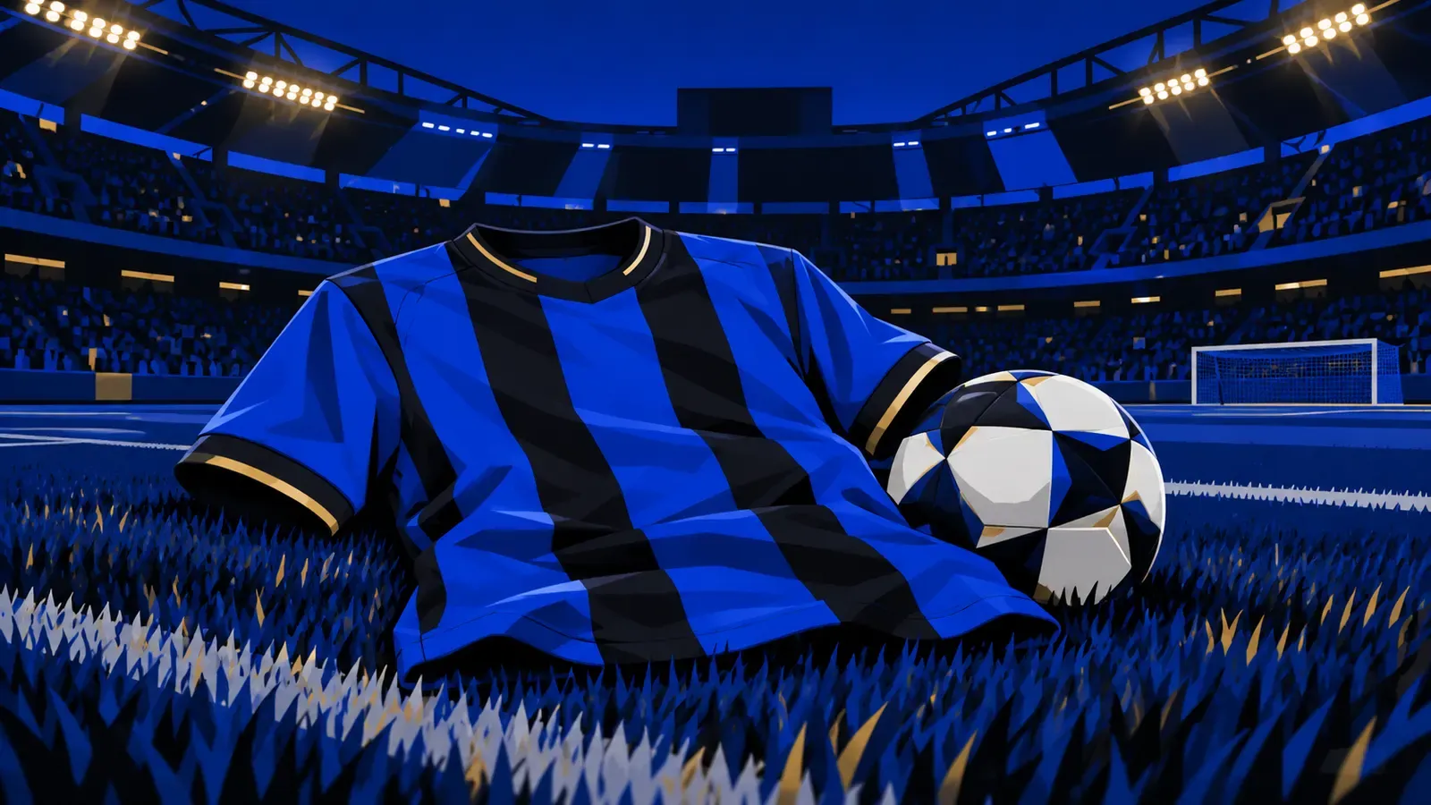 Una maglia azzurra senza nome accanto a un pallone sul prato di uno stadio