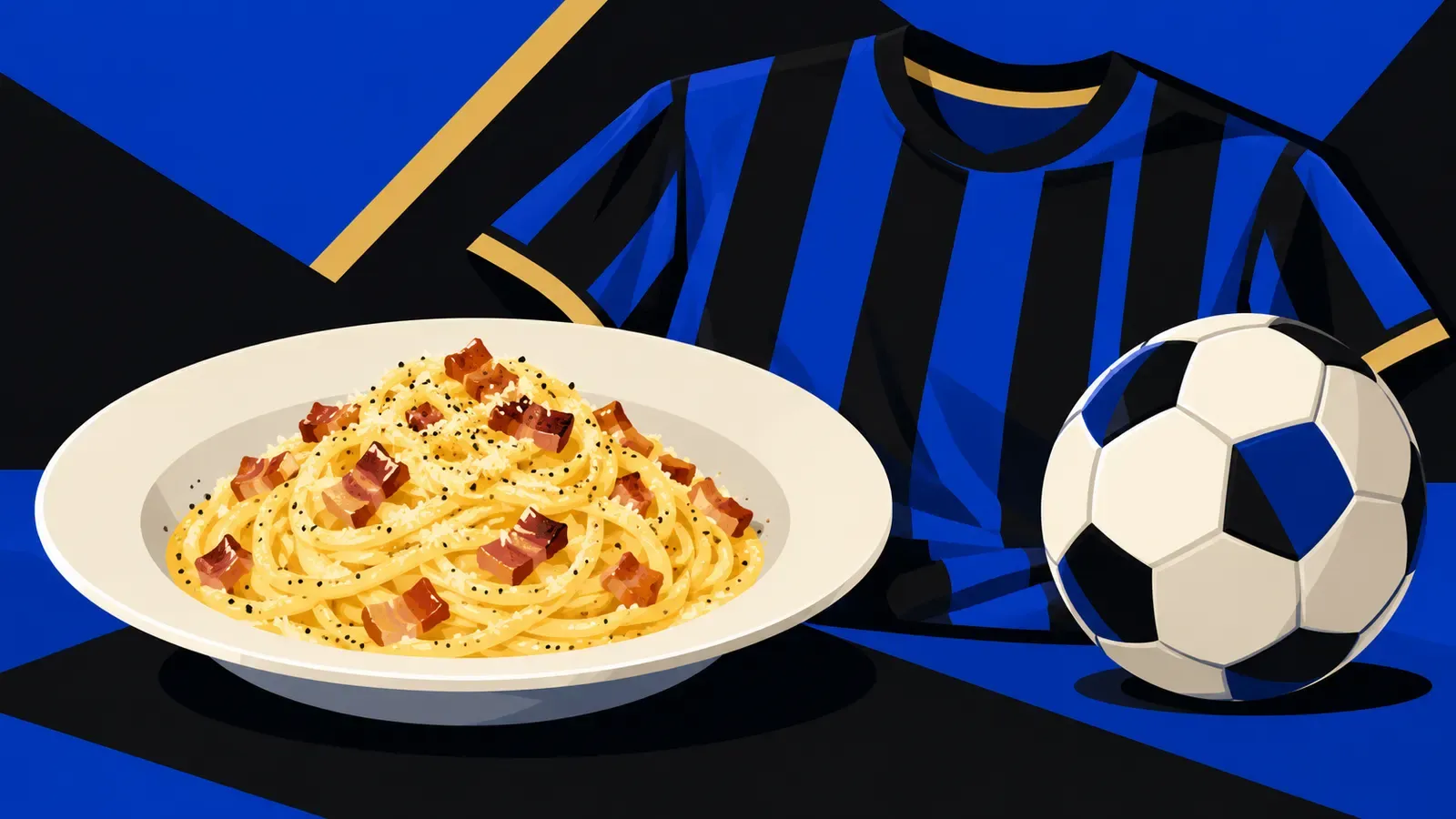 Un piatto di carbonara accanto a una maglia nerazzurra senza nome e a un pallone