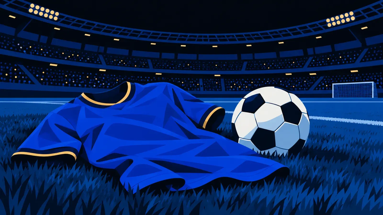 Una maglia azzurra senza nome accanto a un pallone sul prato di uno stadio