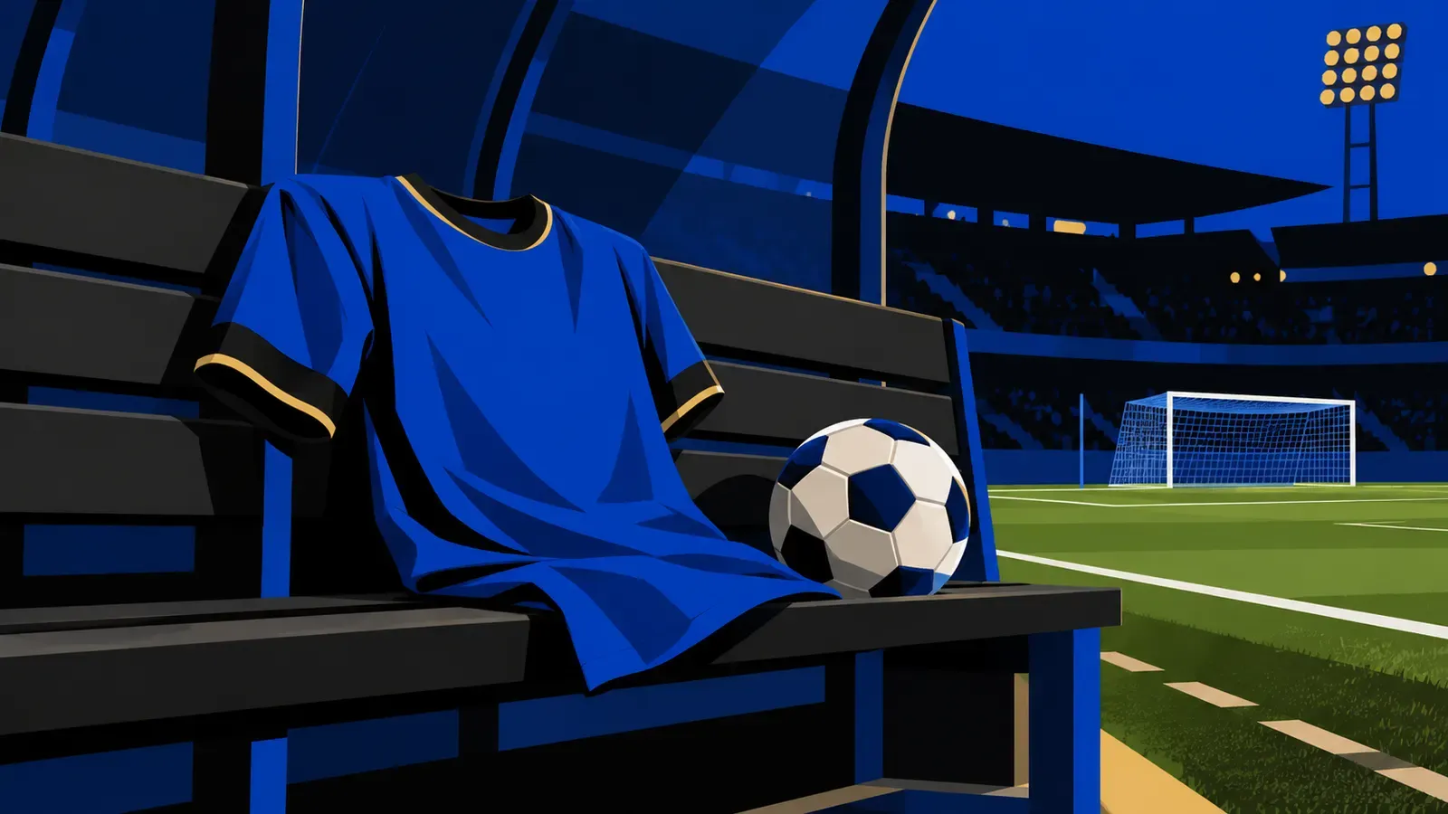 Una panchina a bordo campo con una maglia azzurra senza nome e un pallone