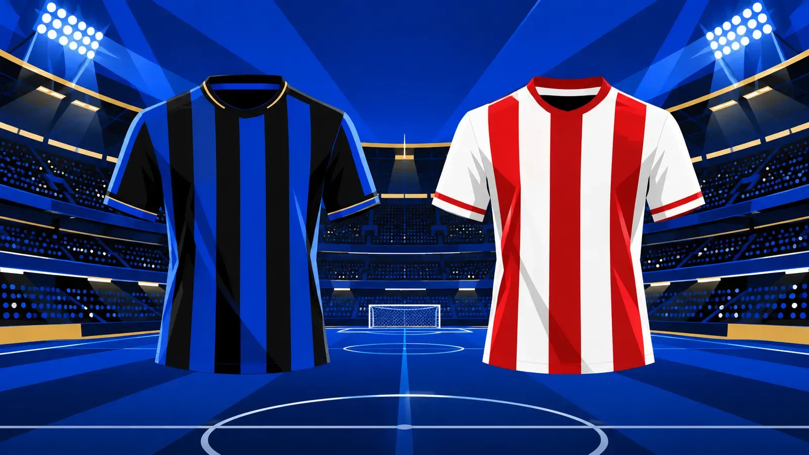Stadio illuminato con maglie nerazzurra e biancorossa senza nomi