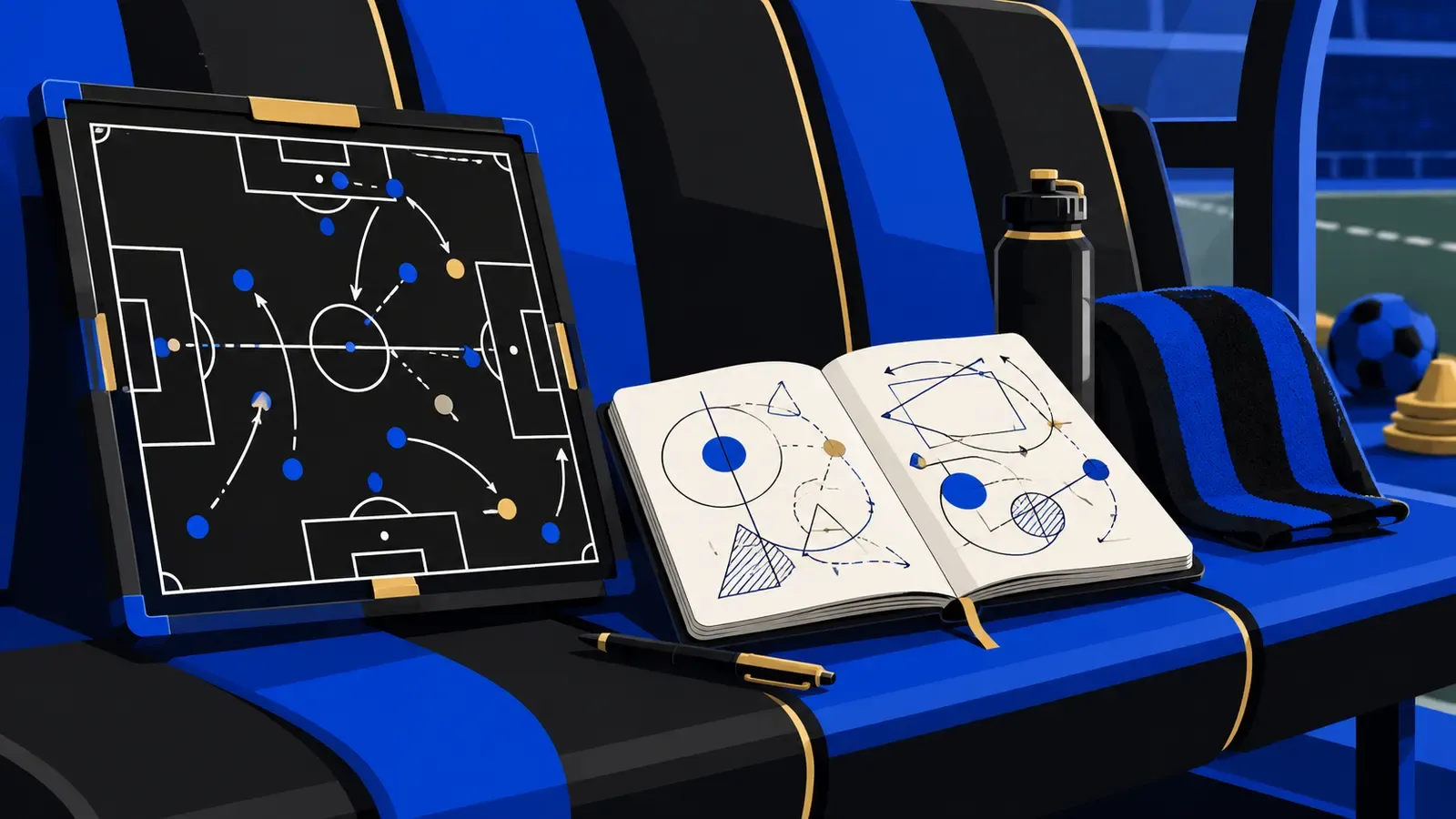 Lavagna tattica e taccuino delle idee su una panchina nerazzurra