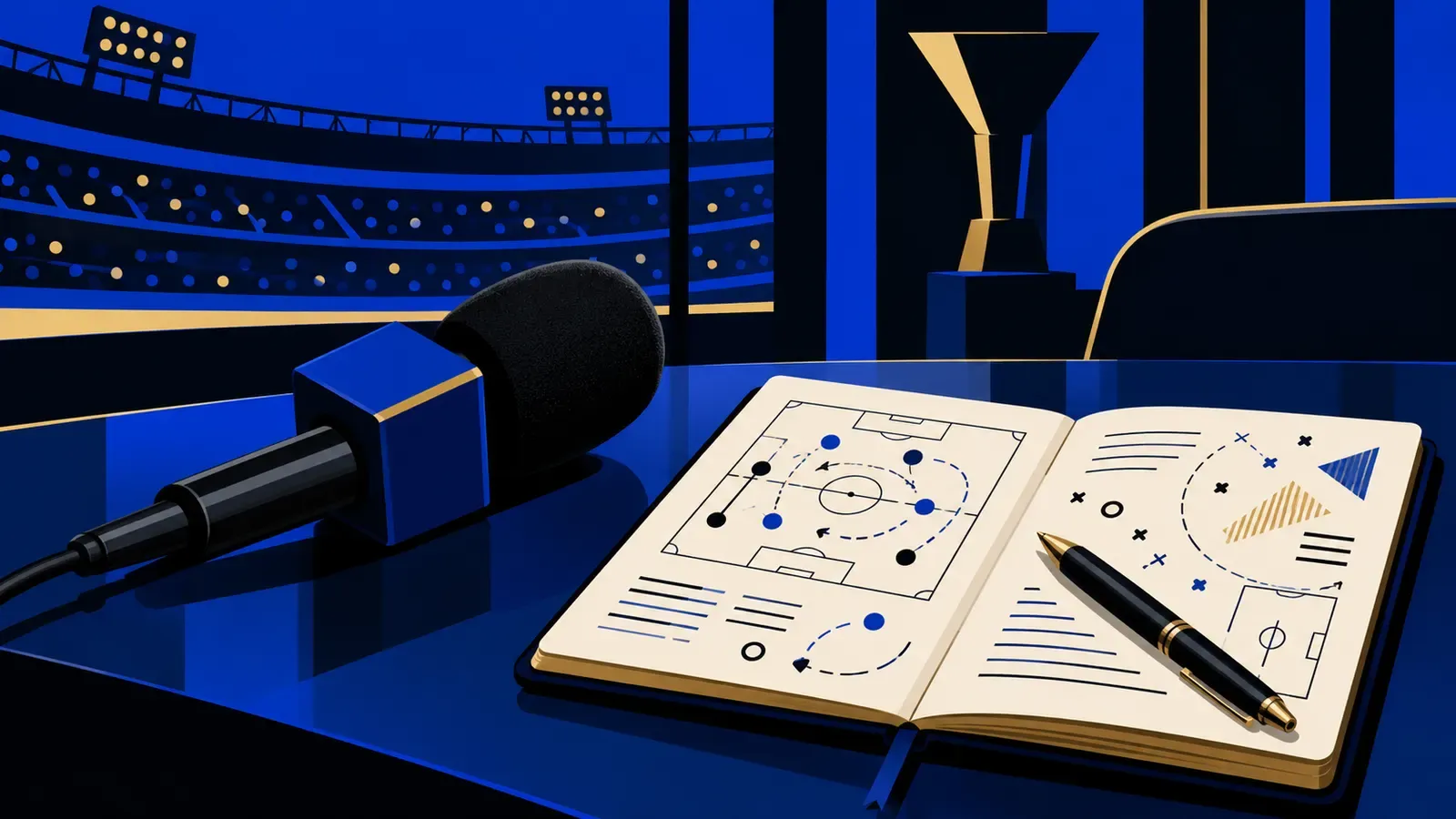 Un microfono da intervista su un tavolo, accanto a un taccuino aperto con appunti sulla corsa scudetto.