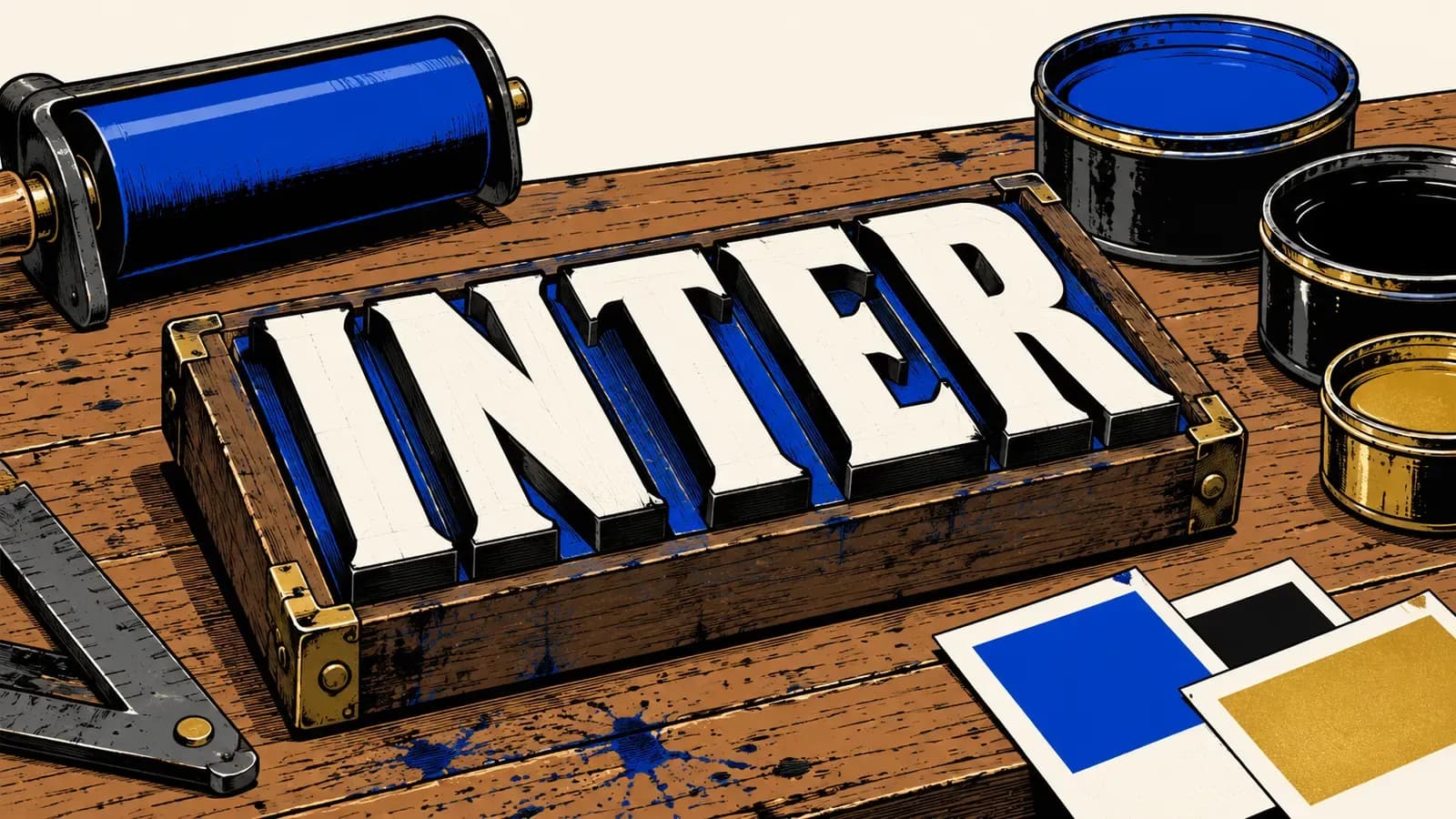 Un blocco tipografico su un banco da stampa con la scritta INTER in bianco, lettere ispirate alla grafica dei vecchi sponsor e campioni di colore blu, nero e oro.