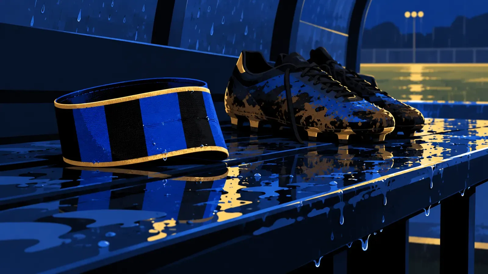 Una fascia da capitano appoggiata su una panchina bagnata, accanto a scarpe da calcio sporche di fango.