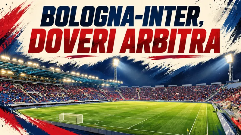 Copertina generata con IA, scritta "BOLOGNA-INTER, DOVERI ARBITRA": Lo stadio Renato Dall’Ara di Bologna durante una partita serale